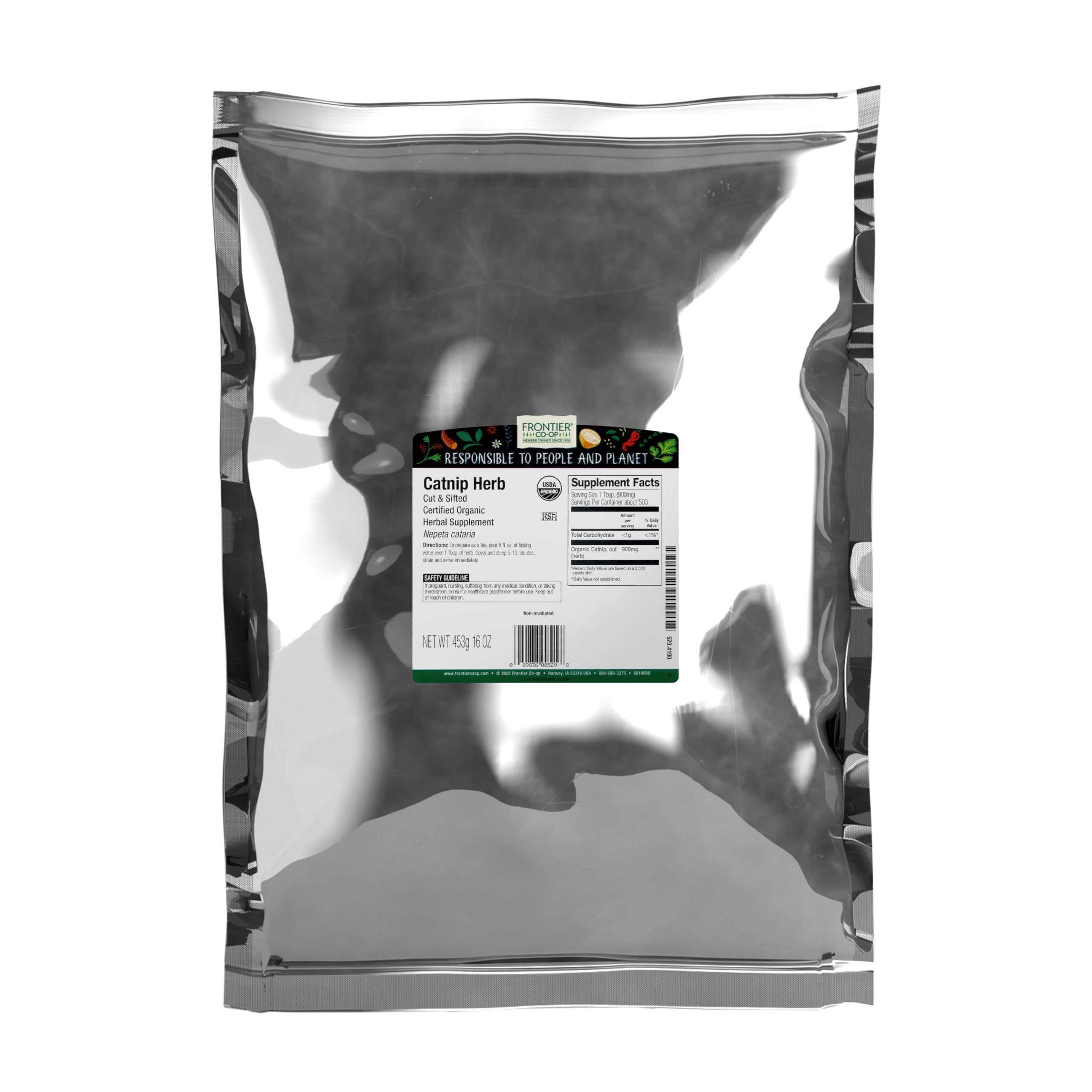 Frontier Co-op emballage avant de cataire biologique offrant fraîcheur visible
