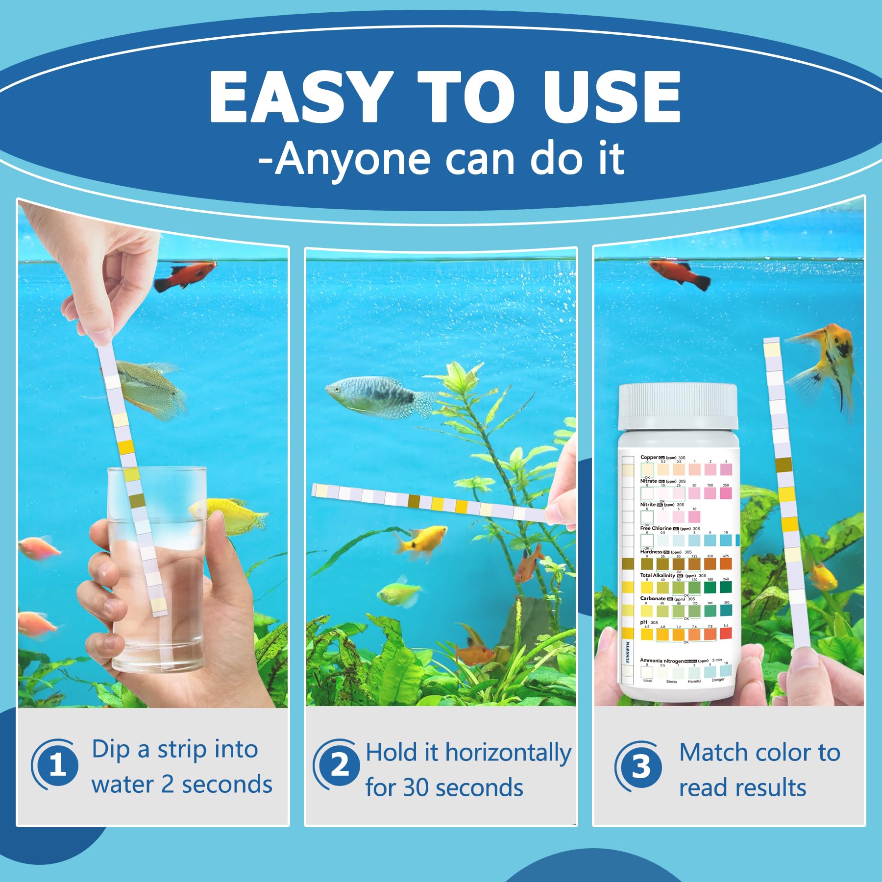 FUNSWTM bandelette plongée dans aquarium montrant test facile et rapide