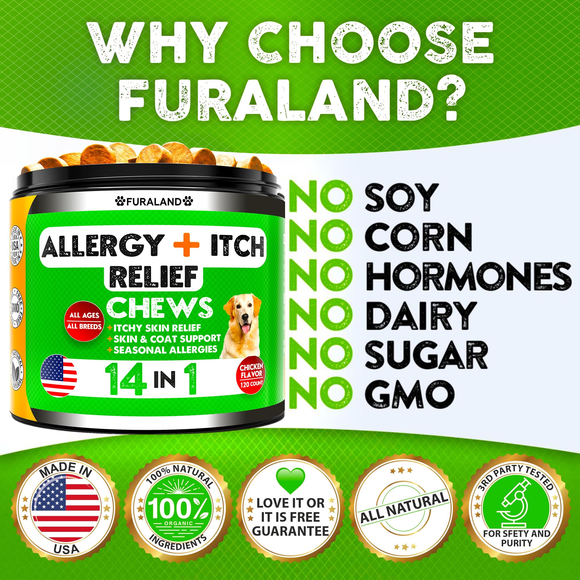 FURALAND étiquette ingrédients affichant huile de saumon et probiotiques naturels
