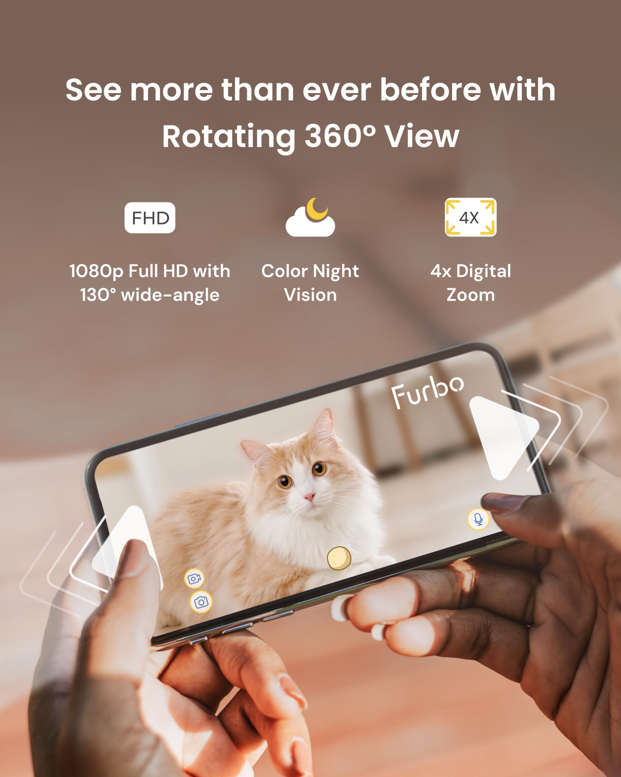 Furbo démontrant rotation 360° pour éliminer les angles morts chez Furbo