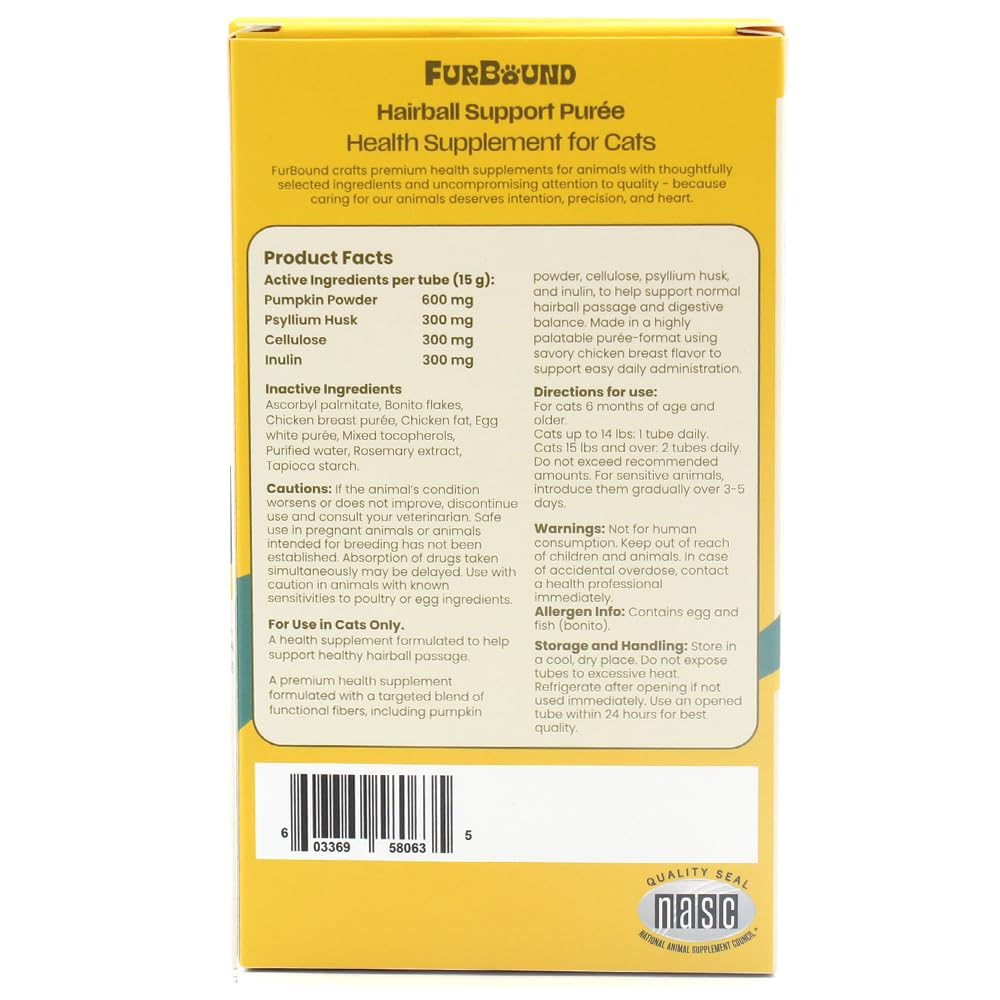 Étiquette FurBound listant courge, psyllium, cellulose et inuline, gage de qualité