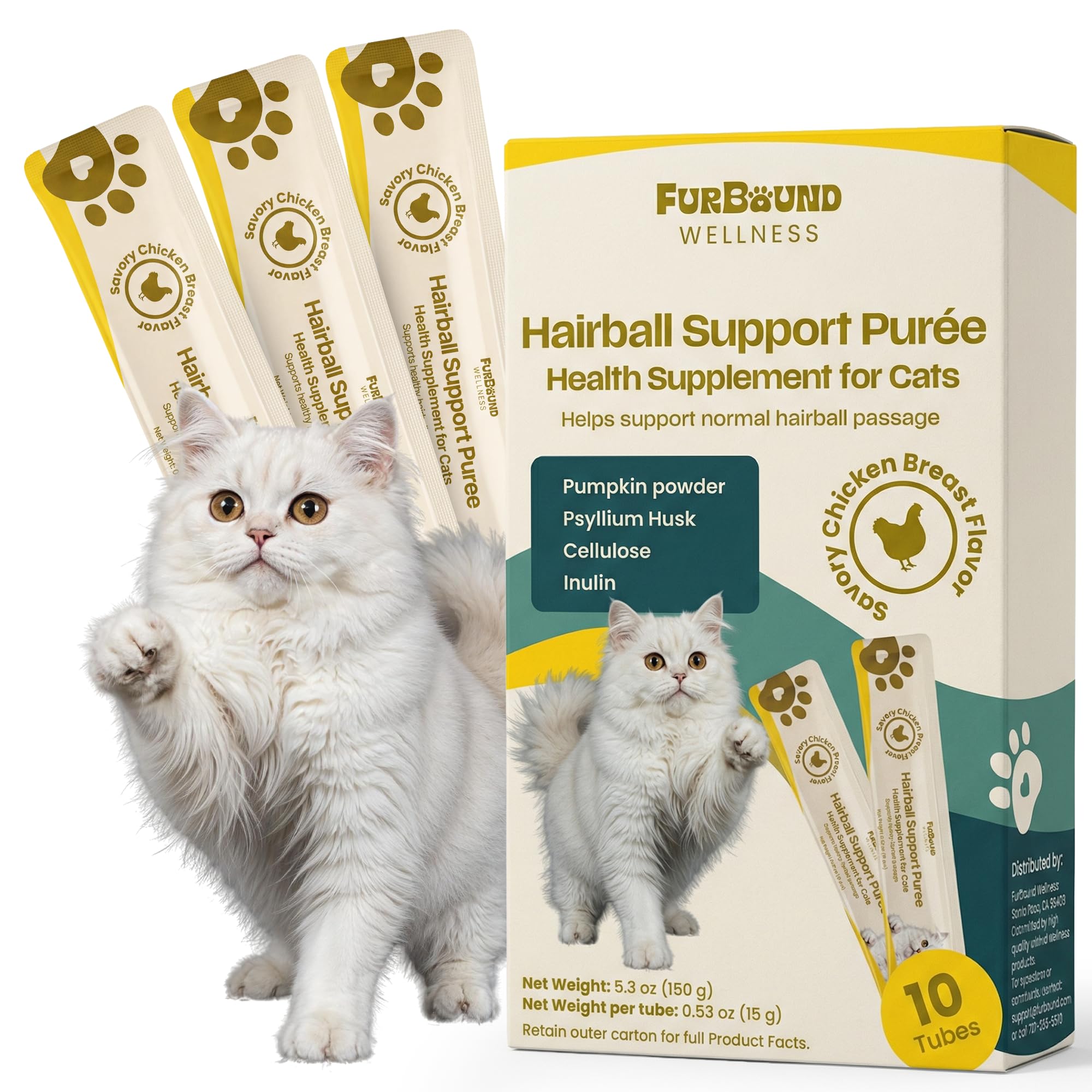 Chat détendu près d'un bol avec FurBound, solution pratique contre boules de poils