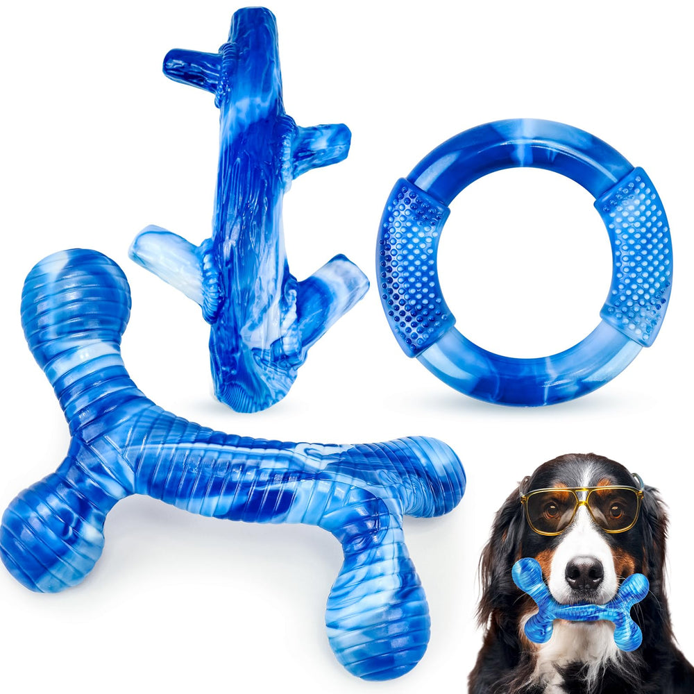 Furdog vue avant du lot montrant packaging et trois jouets résistants
