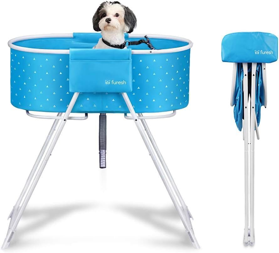 Furesh vue avant de la baignoire bleue avec emballage et accès 360 degrés pour lavage pratique