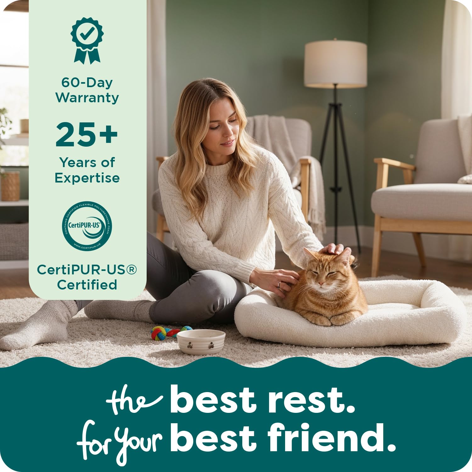 FurHaven coussin dans salon neutre s'harmonisant avec déco