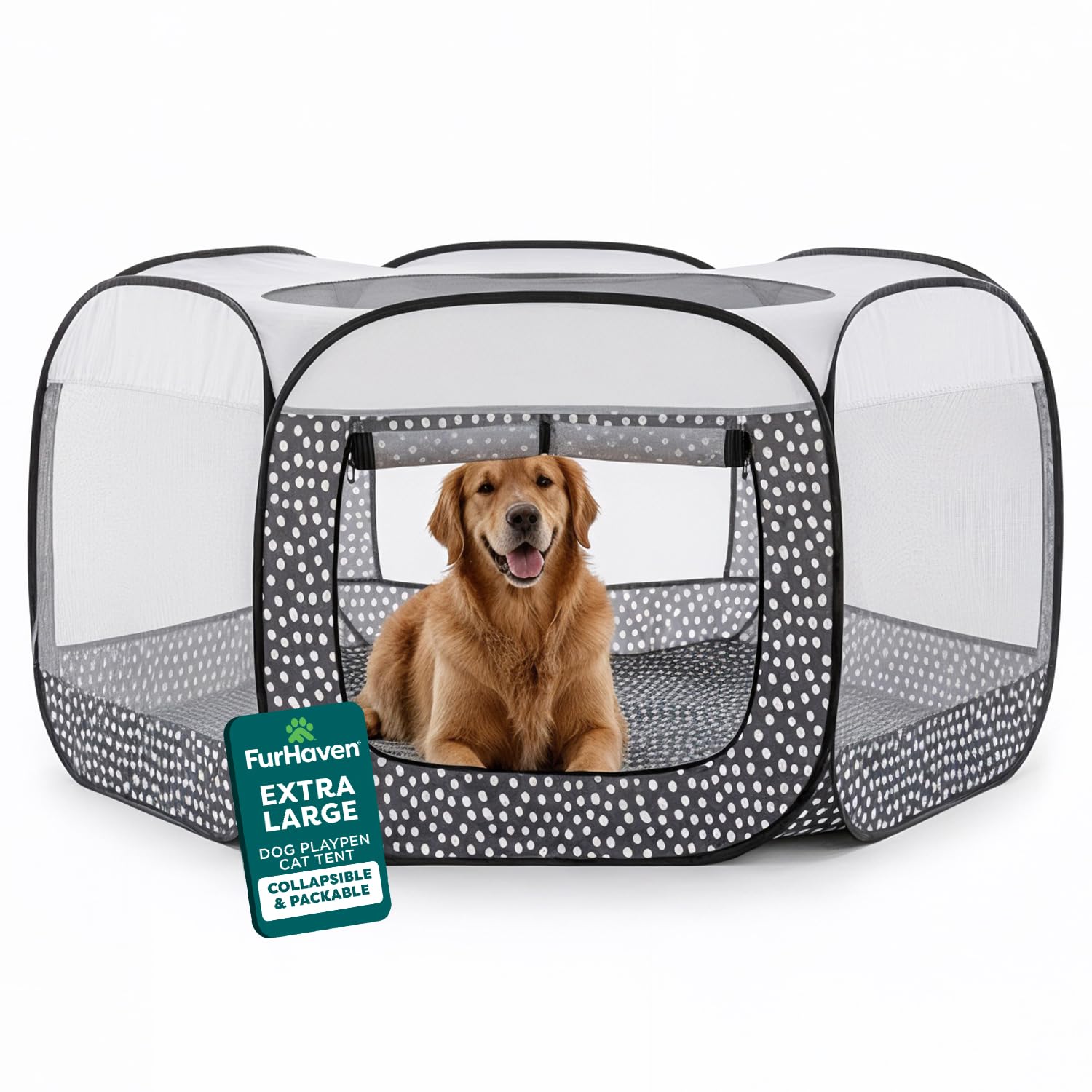 FurHaven vue avant du parc pliable avec ouverture facile pour sécurité