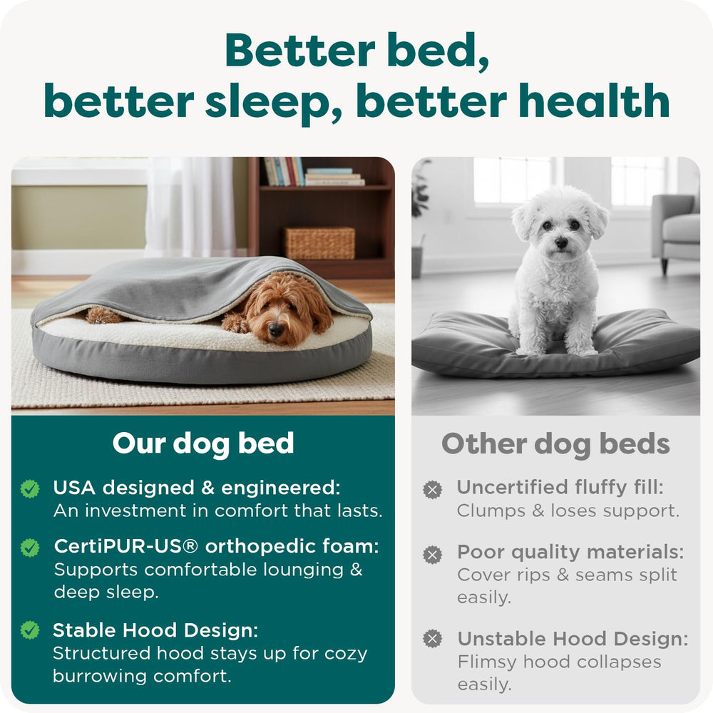 Furhaven chien blotti sous capuche, favorise comportement de nidification