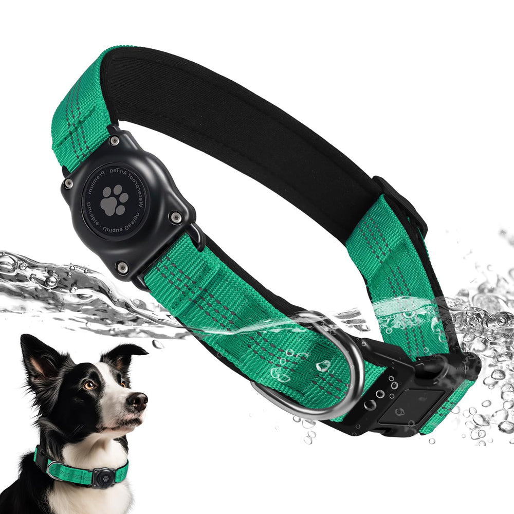 Furrigo collier teal vue avant montrant emplacement AirTag et sécurité
