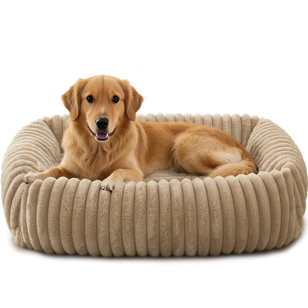 FURTIME face avant du lit beige montrant confort et forme accueillante