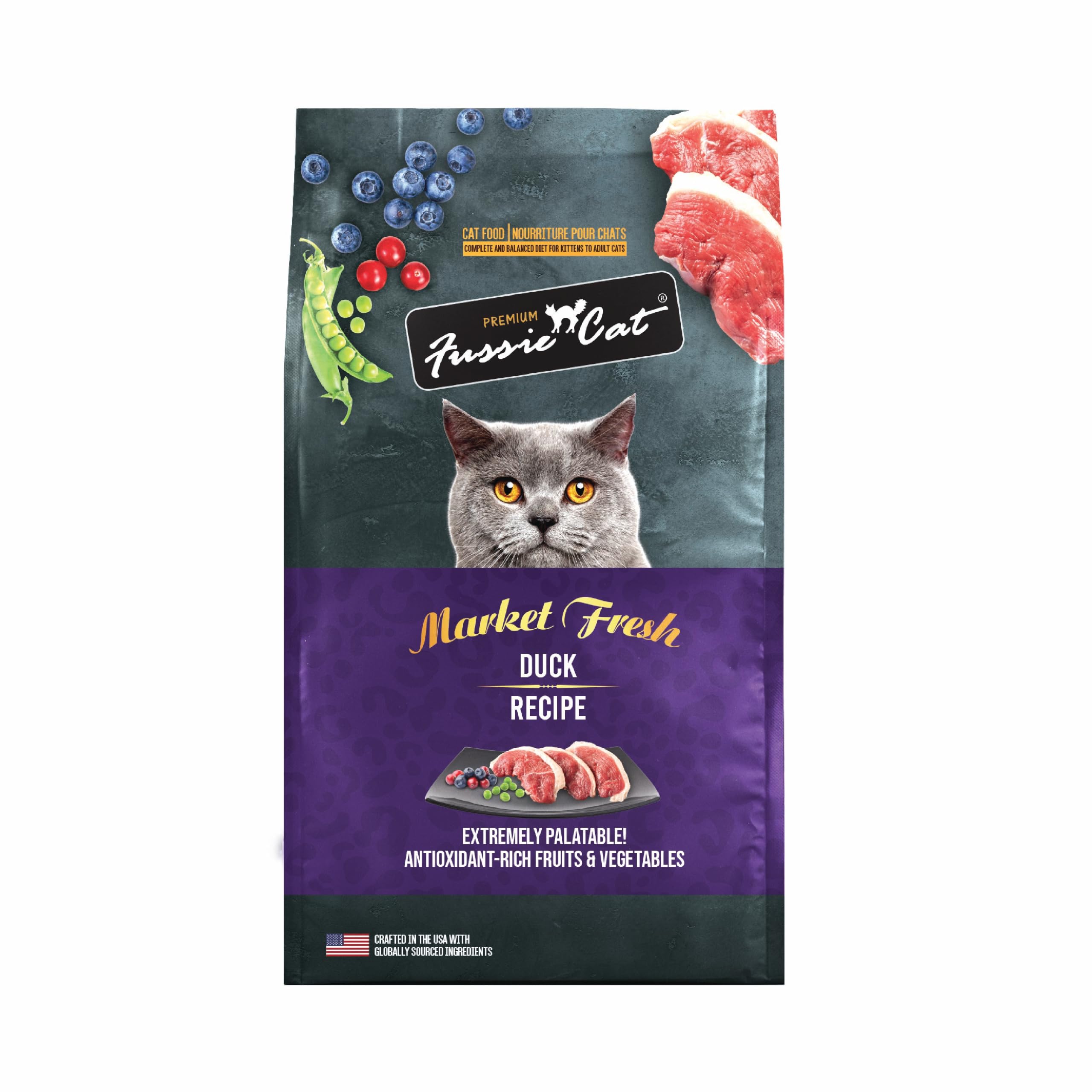 Fussie Cat sac 3,5 lb face montrant l’étiquette au canard et avantage appétence