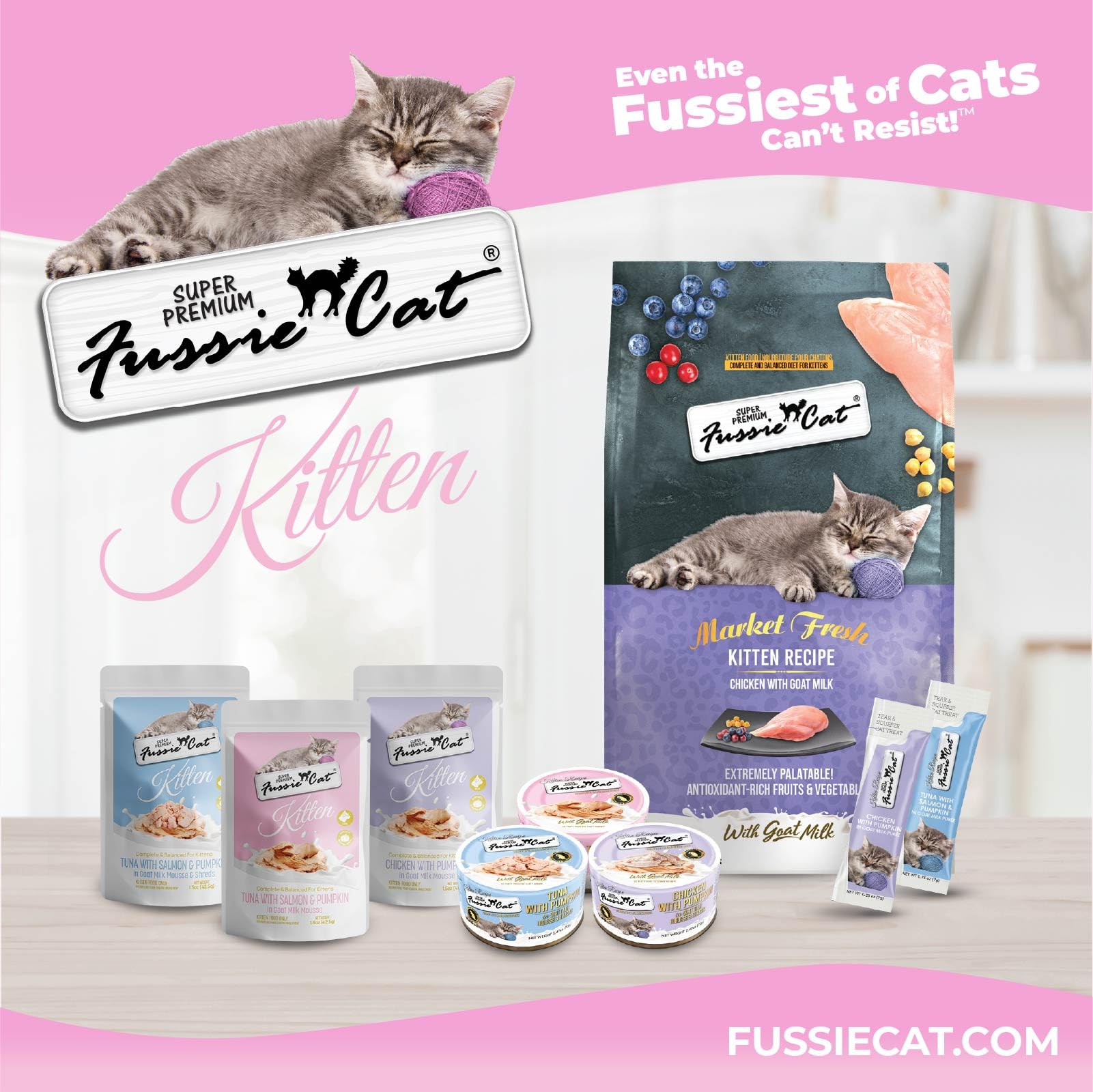 Fussie Cat échelle taille comparaison montrant portion adaptée aux chatons
