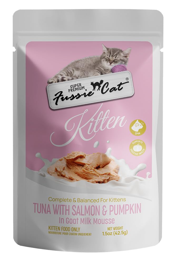 Fussie Cat sachet face montrant l’emballage et la marque, praticité pour les repas