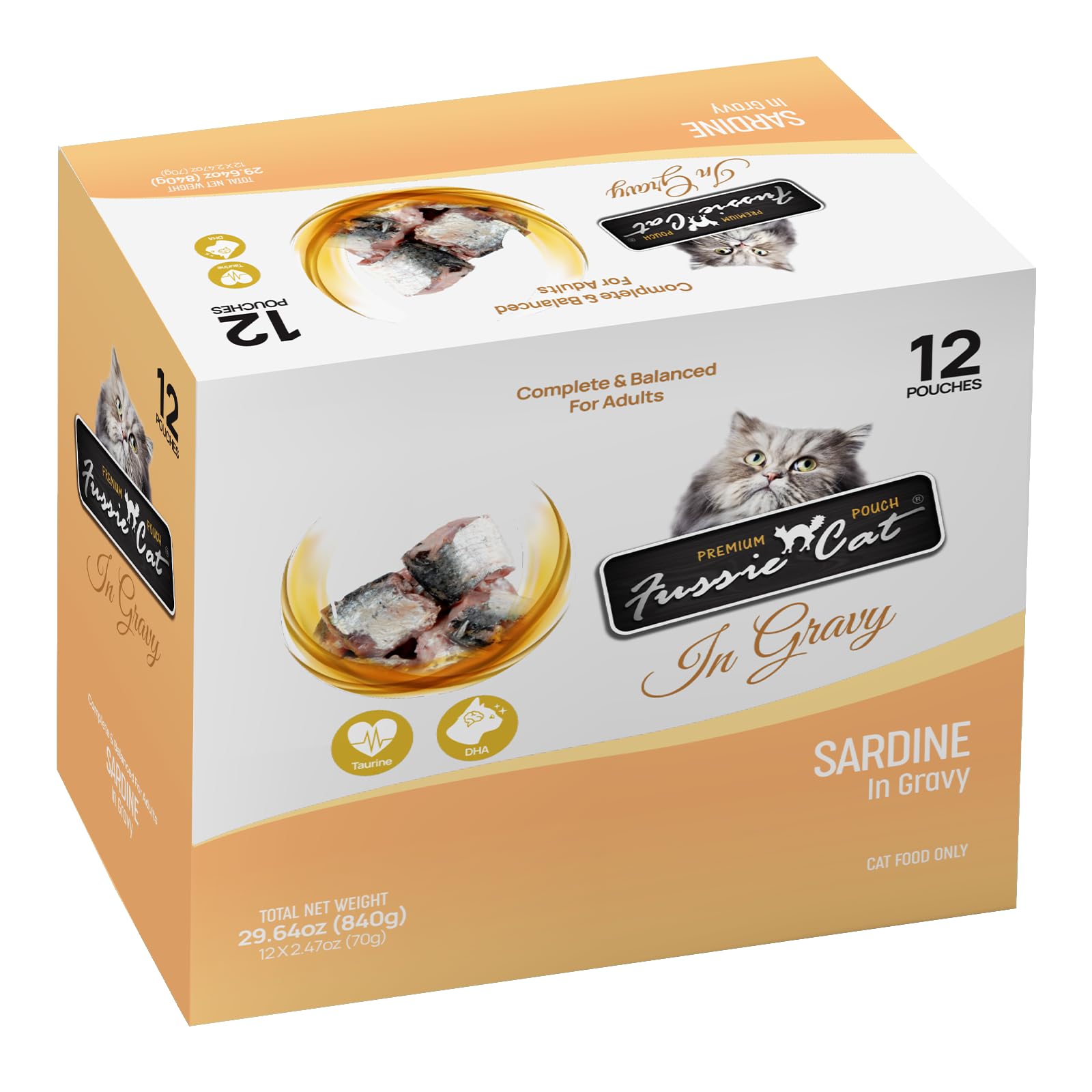 Fussie Cat boîte de sardines en gravy montrant l'emballage et l'appétence