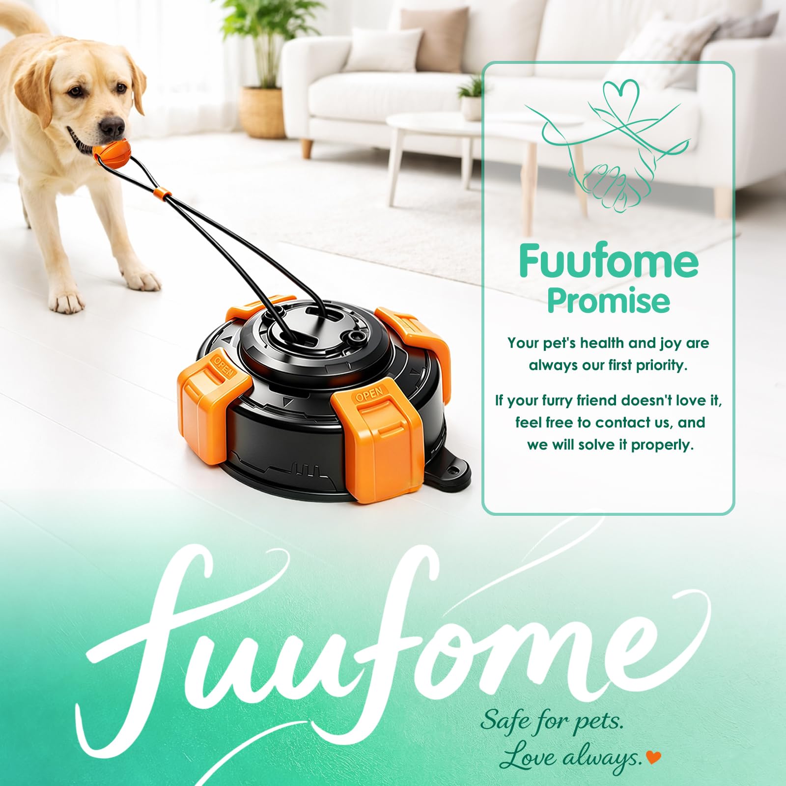 Fuufome scène lifestyle chien calme jouant dans le salon pour réduire ennui