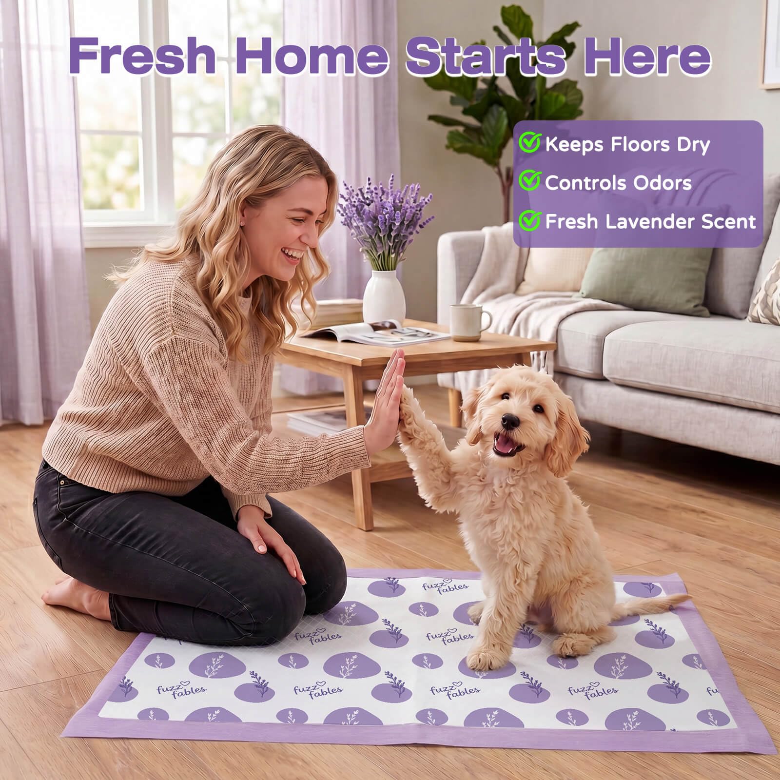 FuzzFables surface motif lavande, intégré au décor et apaisant