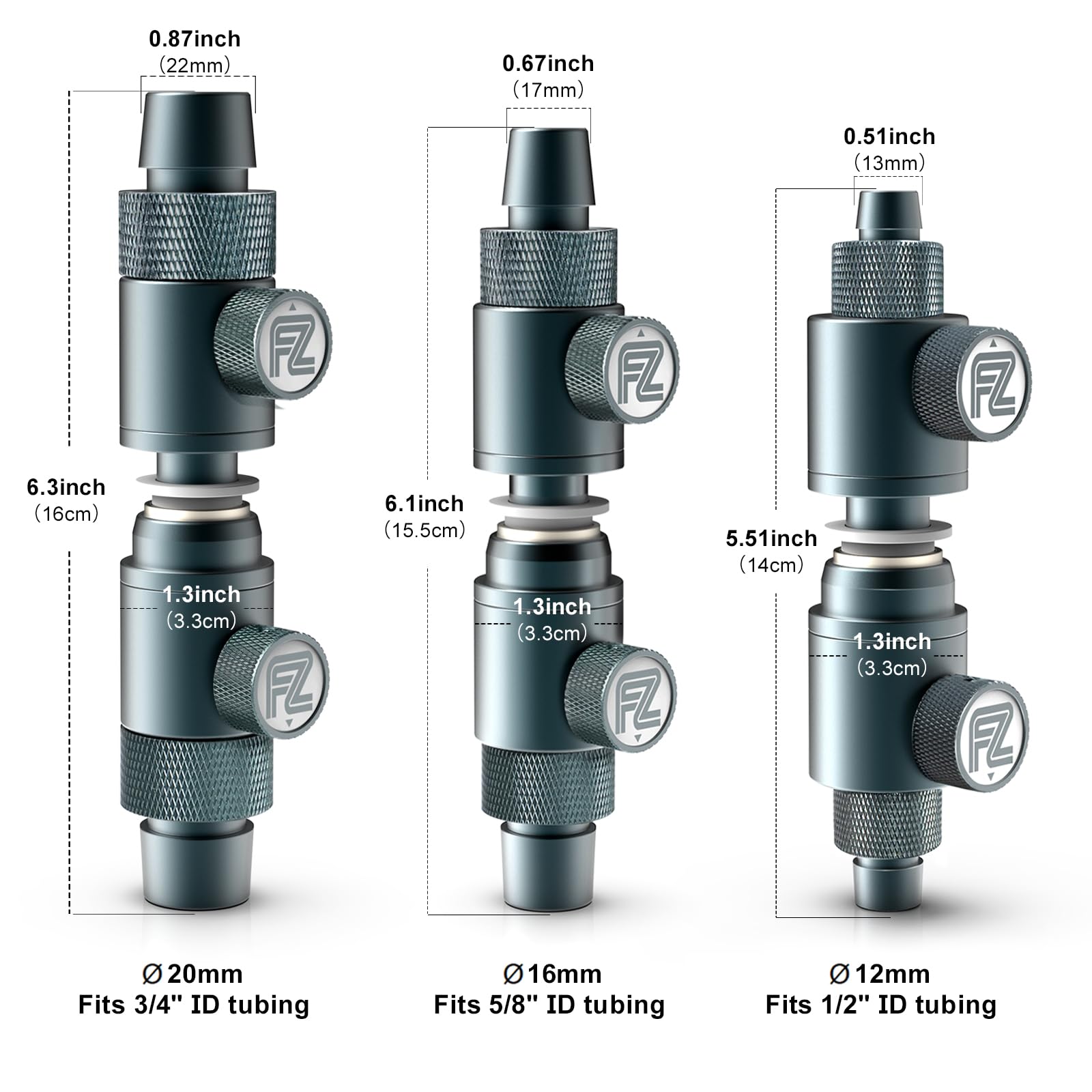FZONE comparatif taille 16mm illustrant compatibilité tuyaux et mesures claires