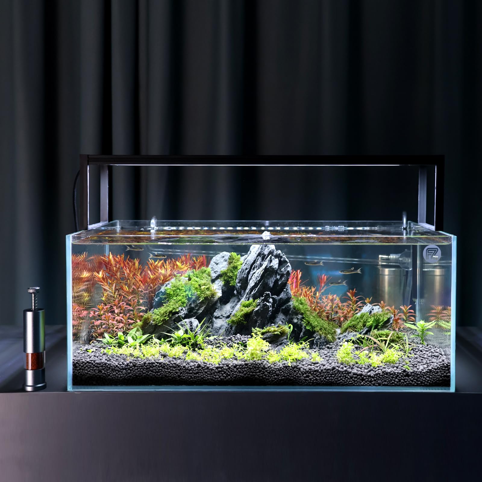 FZONE posé près d'un aquarium de bureau apportant esthétique et propreté