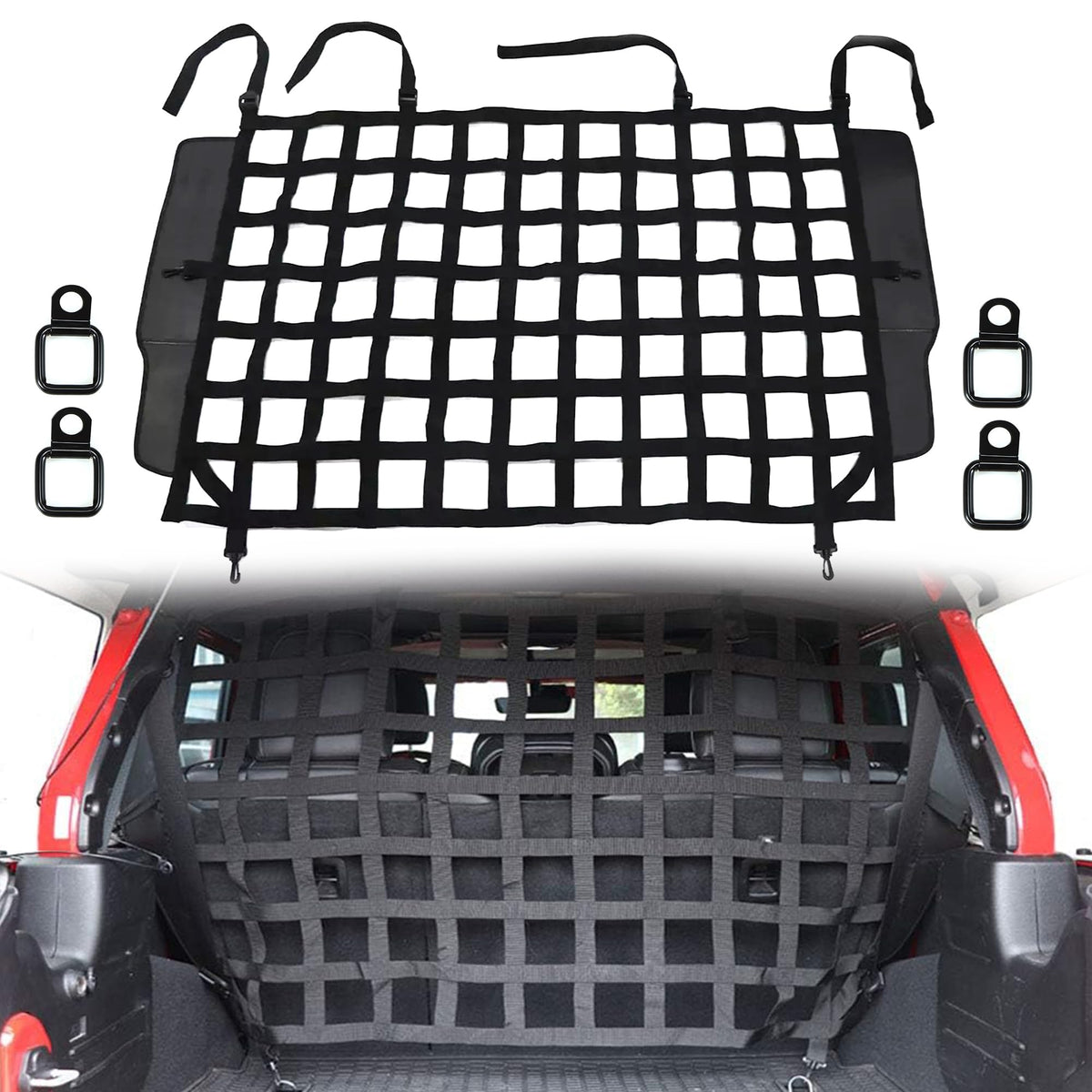 G filet séparateur face avant installé dans Jeep Wrangler pour sécurité du conducteur
