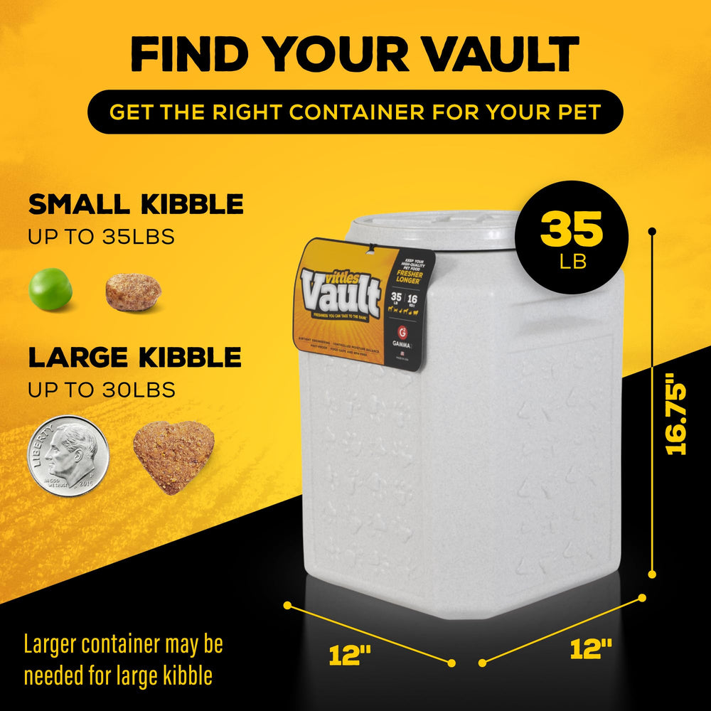 Gamma2 Vittles Vault comparaison de taille illustrant capacité maximale 35 lb