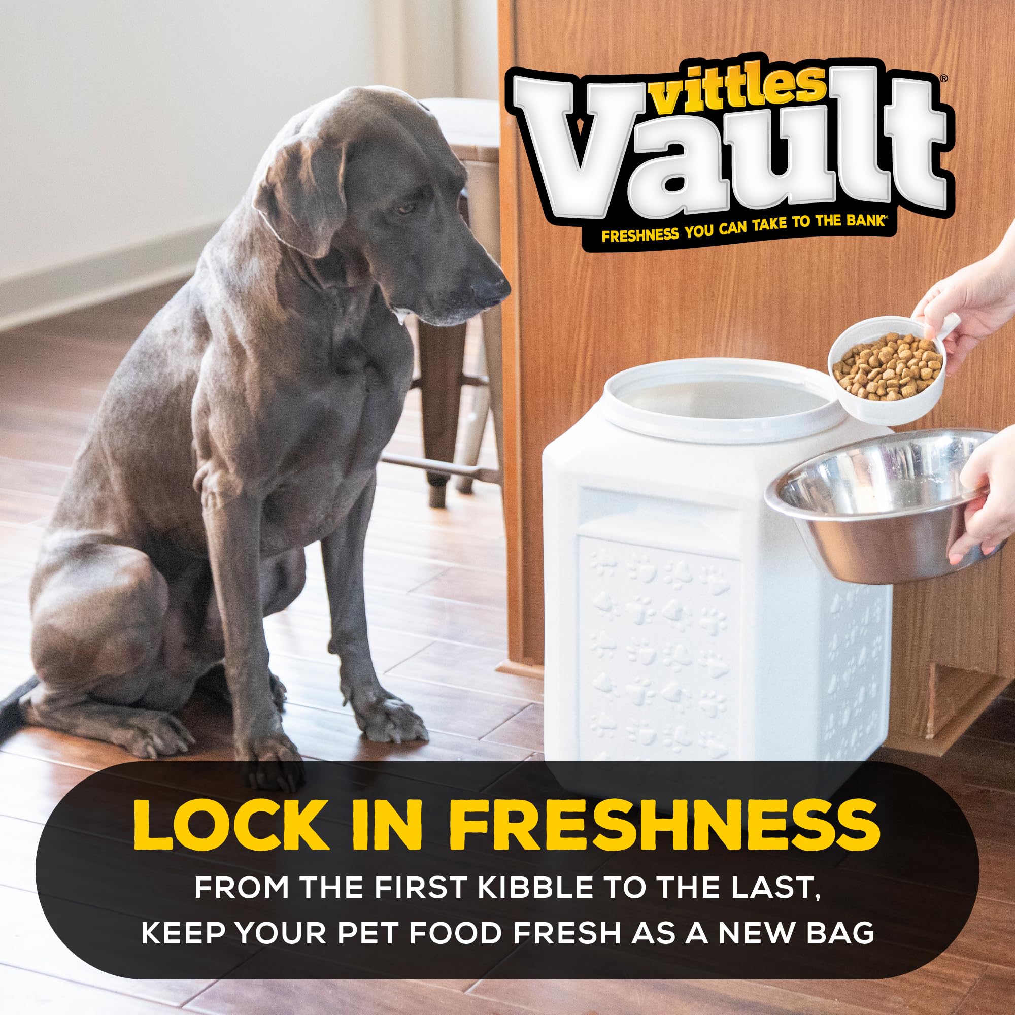 Gamma2 Vittles Vault en usage sur plan de travail pour remplissage pratique