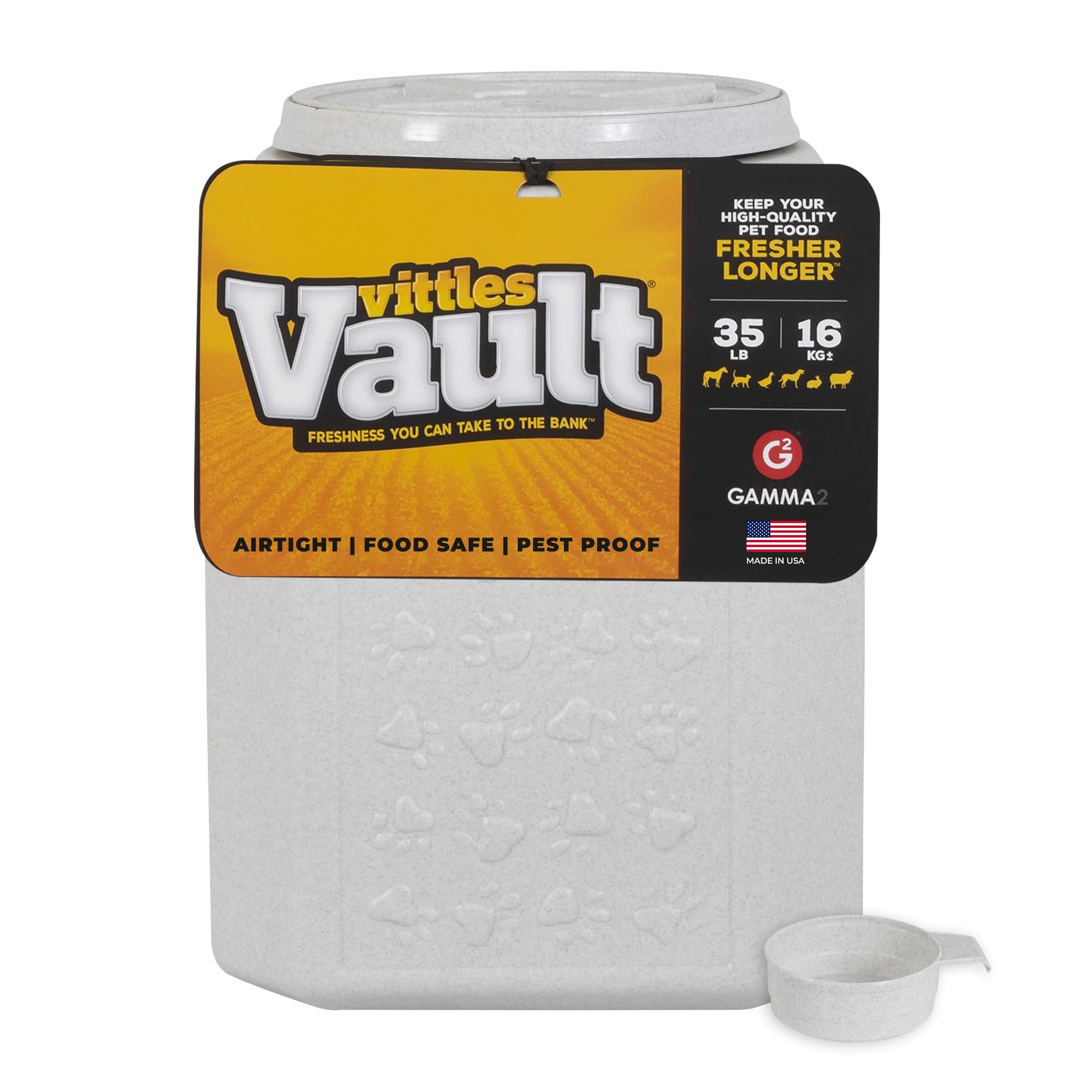 Gamma2 Vittles Vault vue face montrant le conteneur hermétique et gain de place