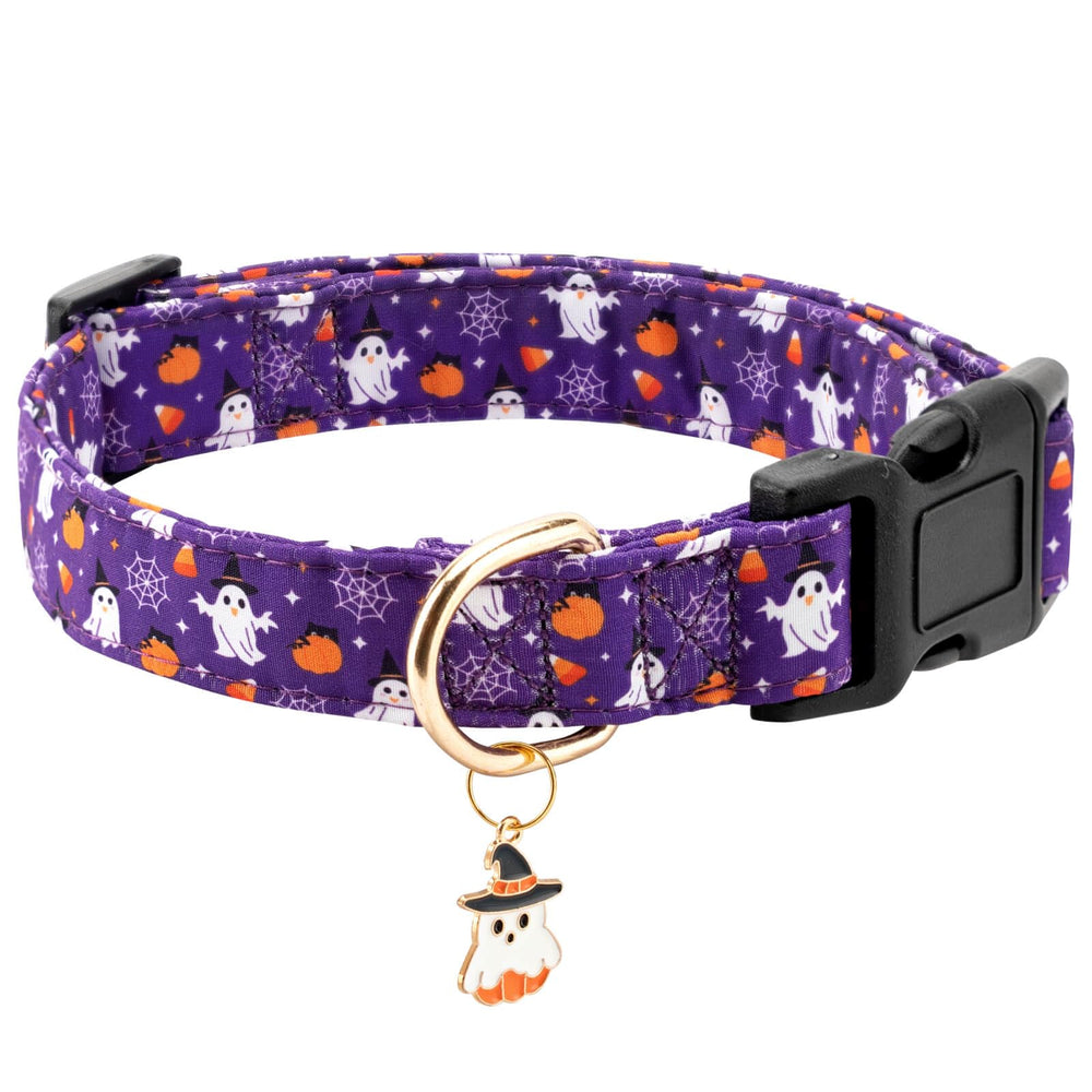 Gelwoo collier violet avant montrant motif fantôme et design festif pour style chien