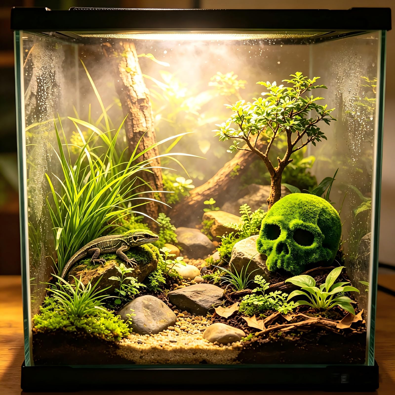Generic crâne mousseux placé dans un terrarium avec plantes pour enrichir l’habitat