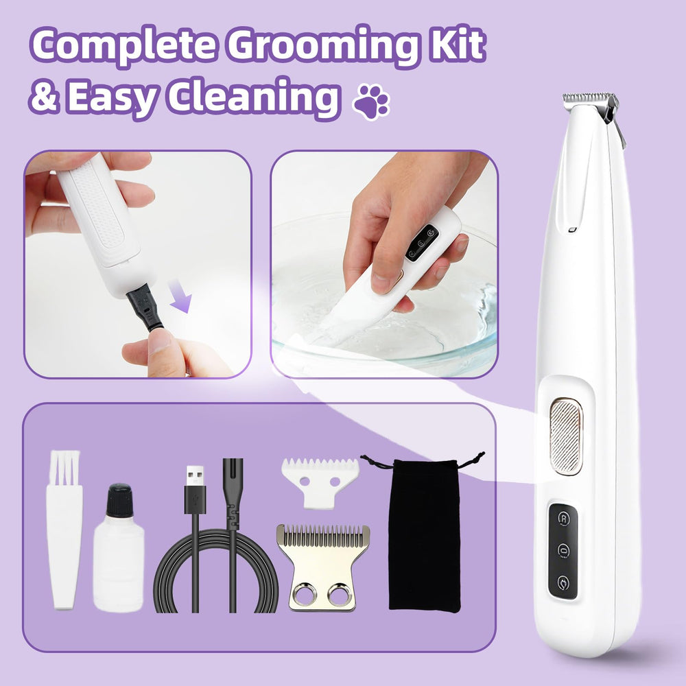 Generic Dog Paw Trimmer en charge via USB montrant port et flexibilité voyage