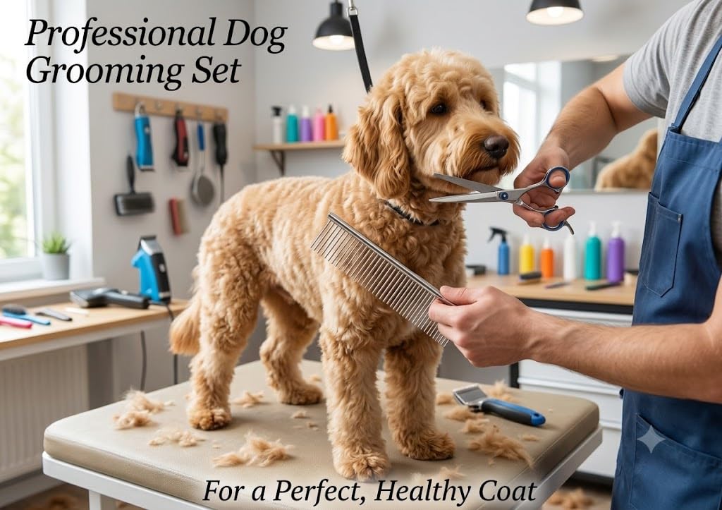 Generic propriétaire brossant un chien à poils longs, réduit les pertes à la maison