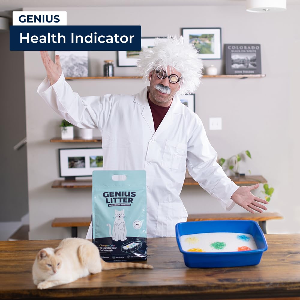 Genius Litter cristaux avec changement de couleur indiquant alerte santé