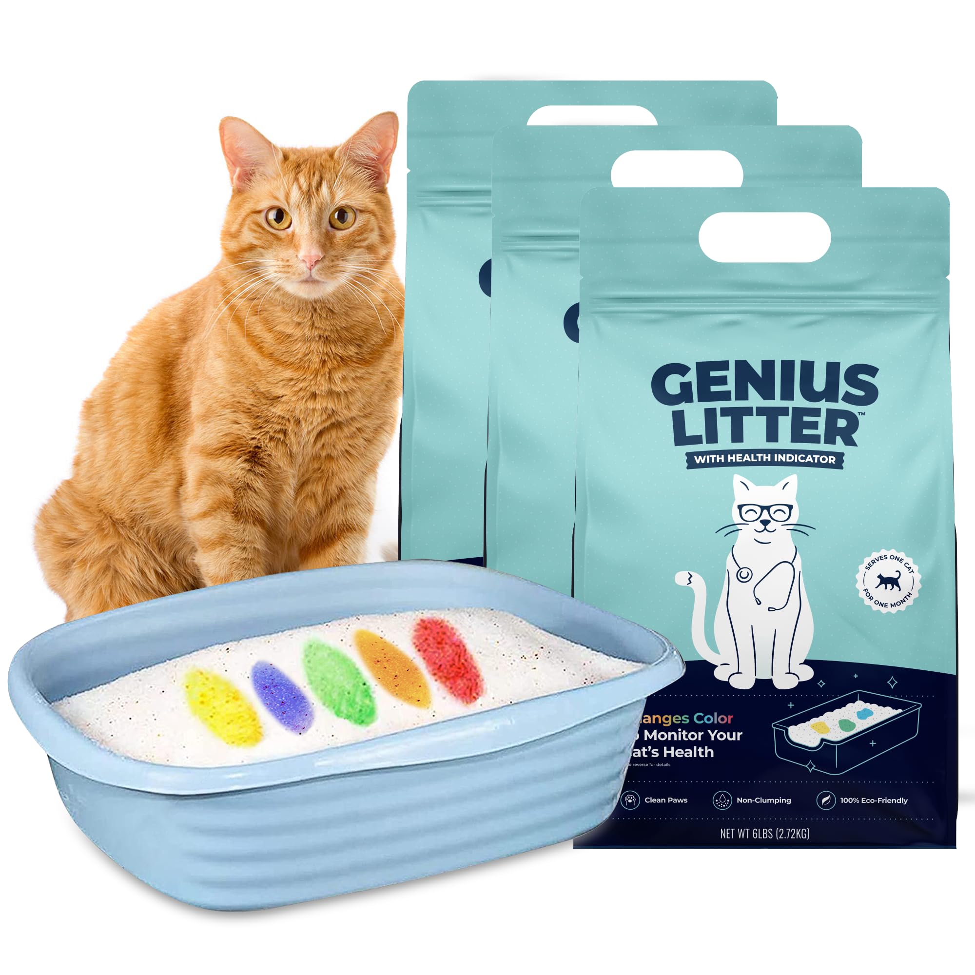 Genius Litter paquet face montrant format trois sacs, pratique et léger