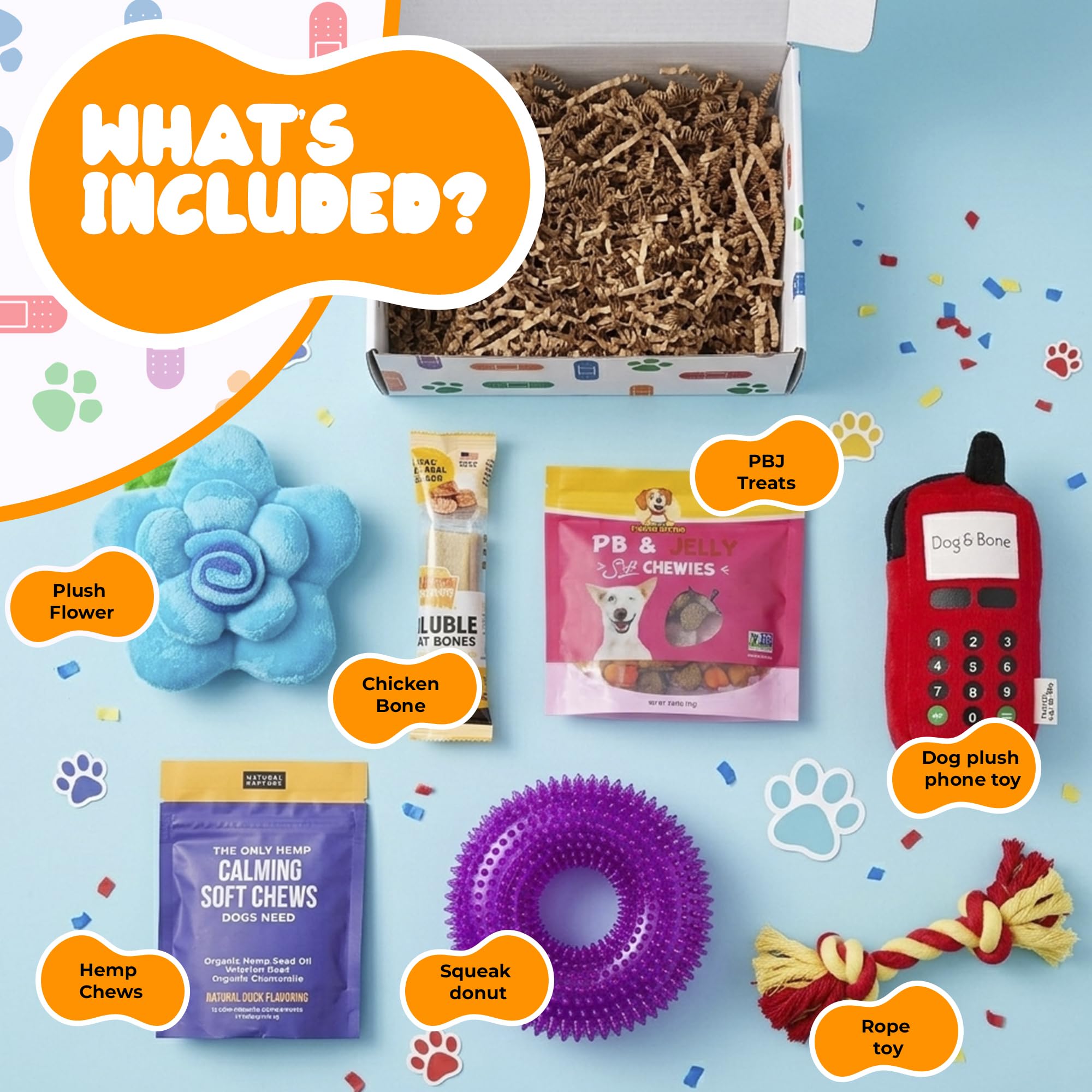 GiftWorld contenu aperçu avec jouets et friandises, soulage et distrait