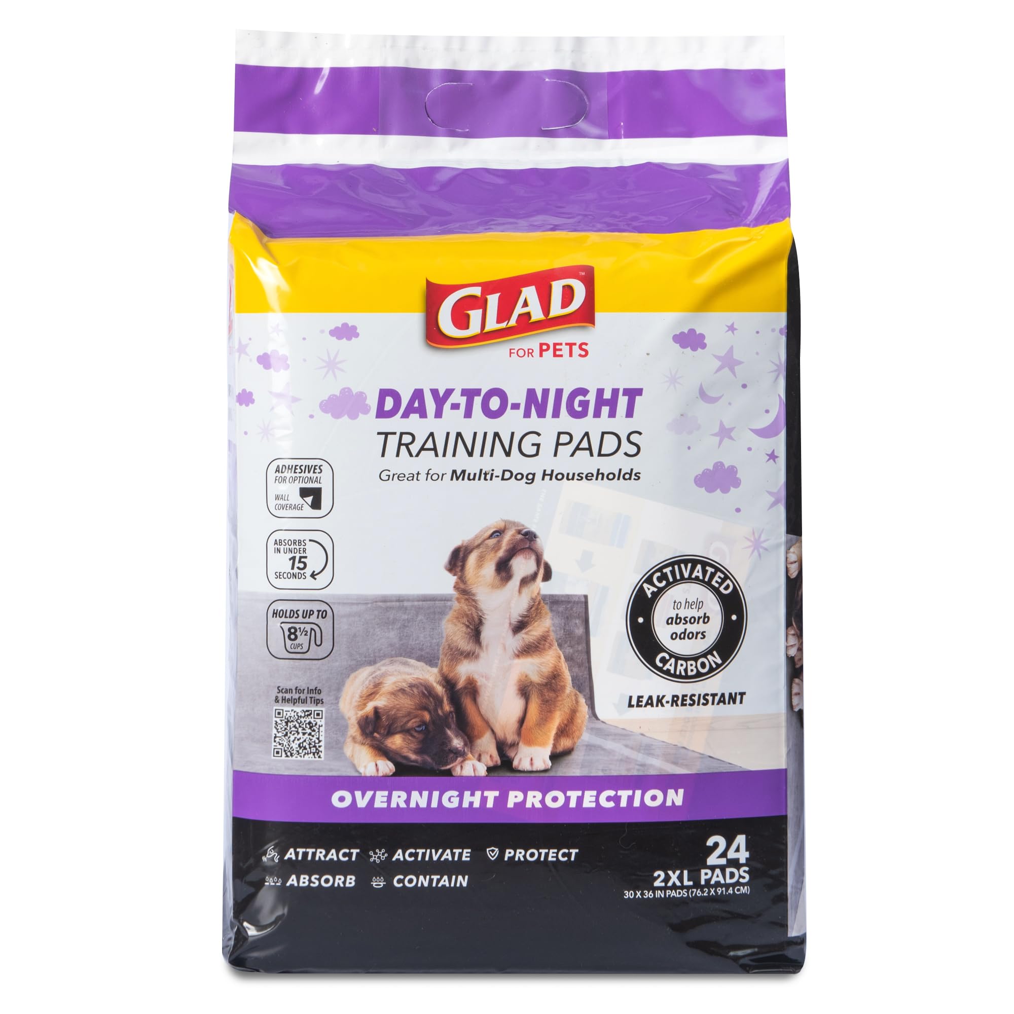 Glad for Pets paquet ouvert révélant les 24 coussins pratiques à stocker