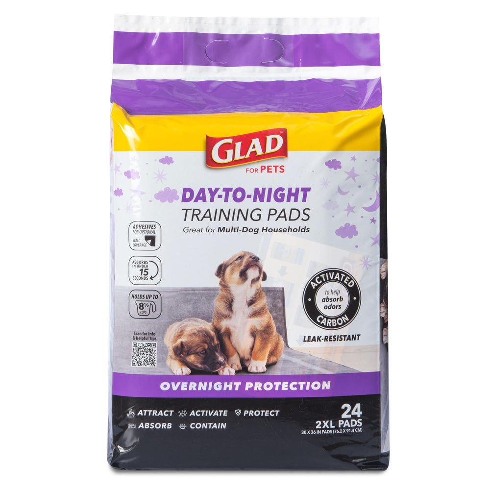 Glad for Pets paquet ouvert révélant les 24 coussins pratiques à stocker
