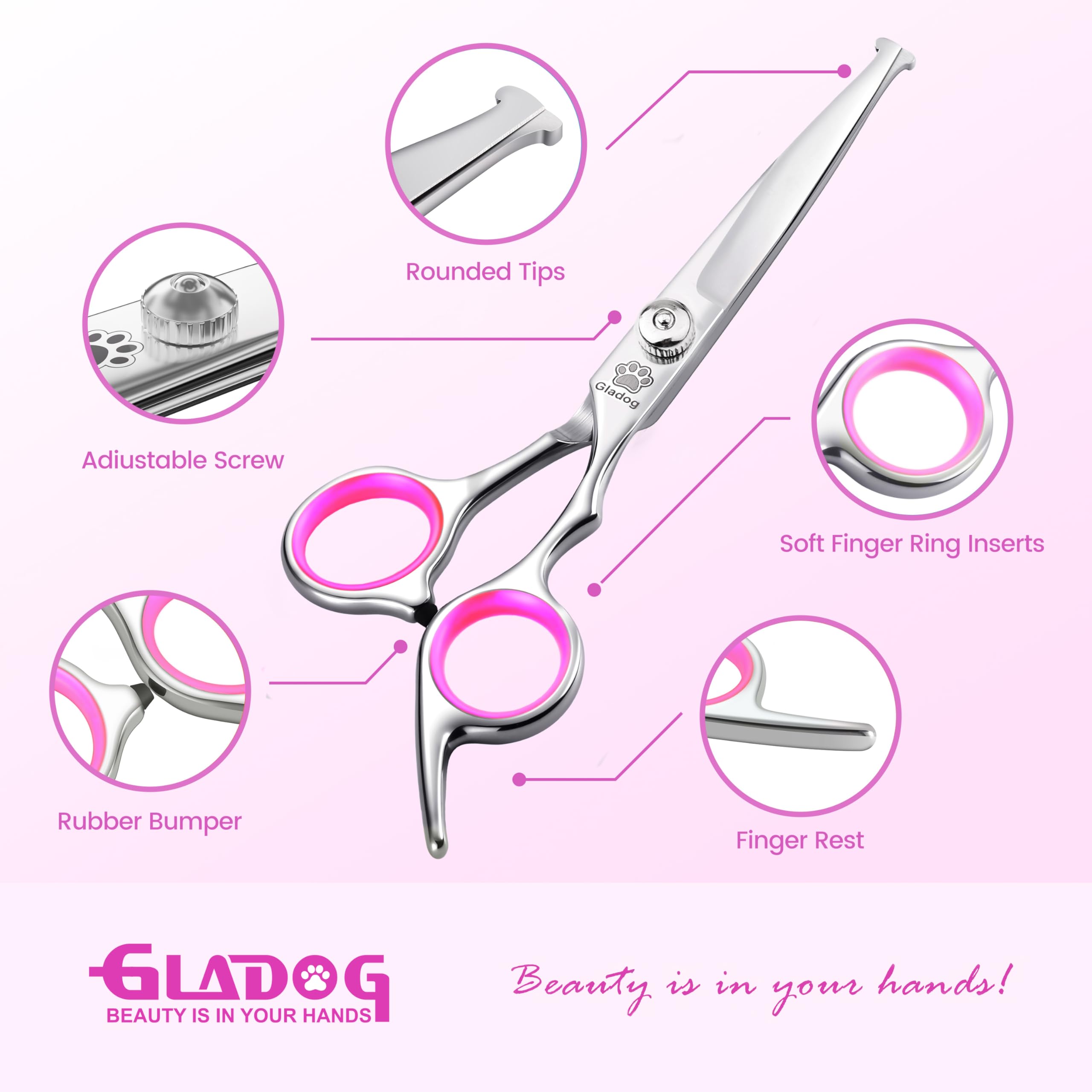 GLADOG ensemble disposé présentant ciseaux droit, courbe, effileur et accessoires pratiques