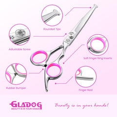 GLADOG ensemble disposé présentant ciseaux droit, courbe, effileur et accessoires pratiques