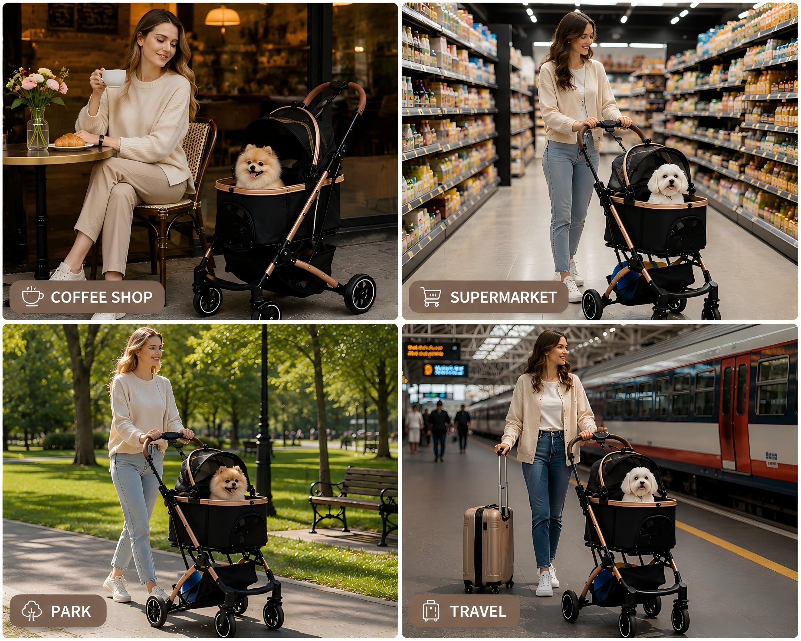 GLEEFURN poussette en usage lors d'une promenade urbaine pour confort animal