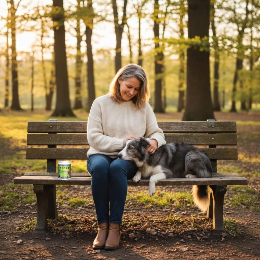 Chien actif au parc après prise GLYDE suggérant meilleure aisance
