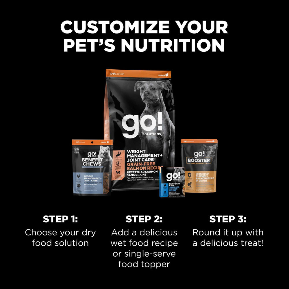 Go! Solutions comparaison taille des croquettes montrant format adapté à toutes races