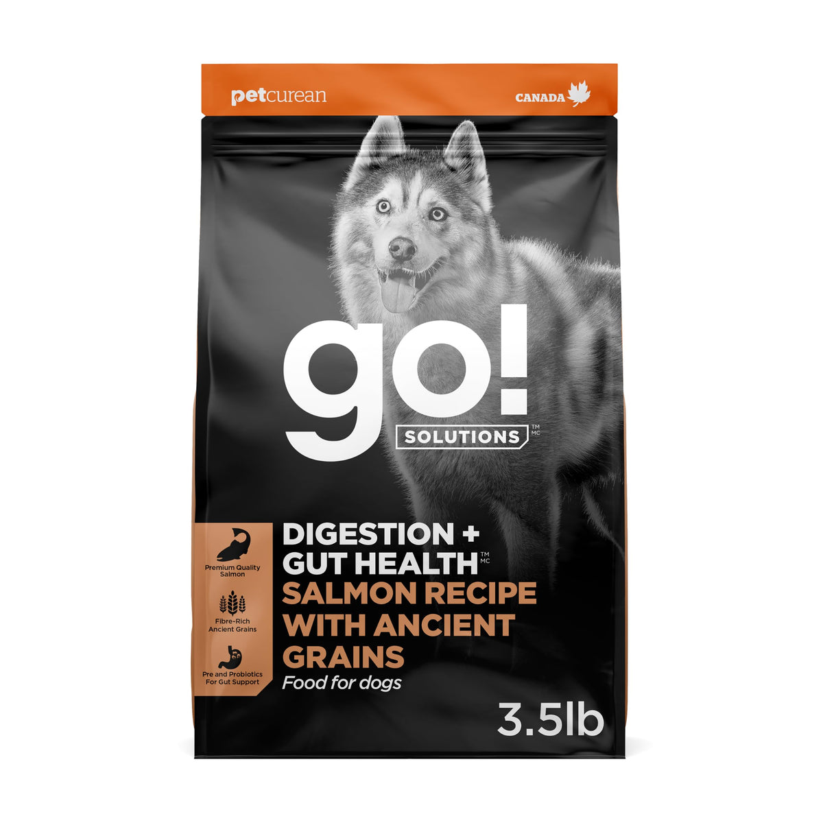 Go! Solutions saumon paquet frontal montrant formulation sans poulet et bénéfice digestif