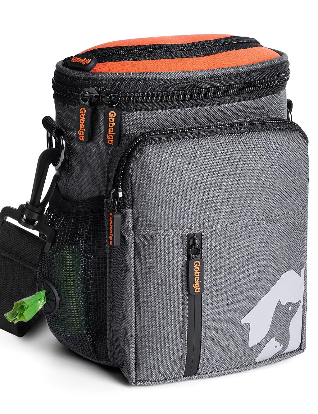 Gobeigo sac à friandises face avant montrant design gris orange et rangement pratique