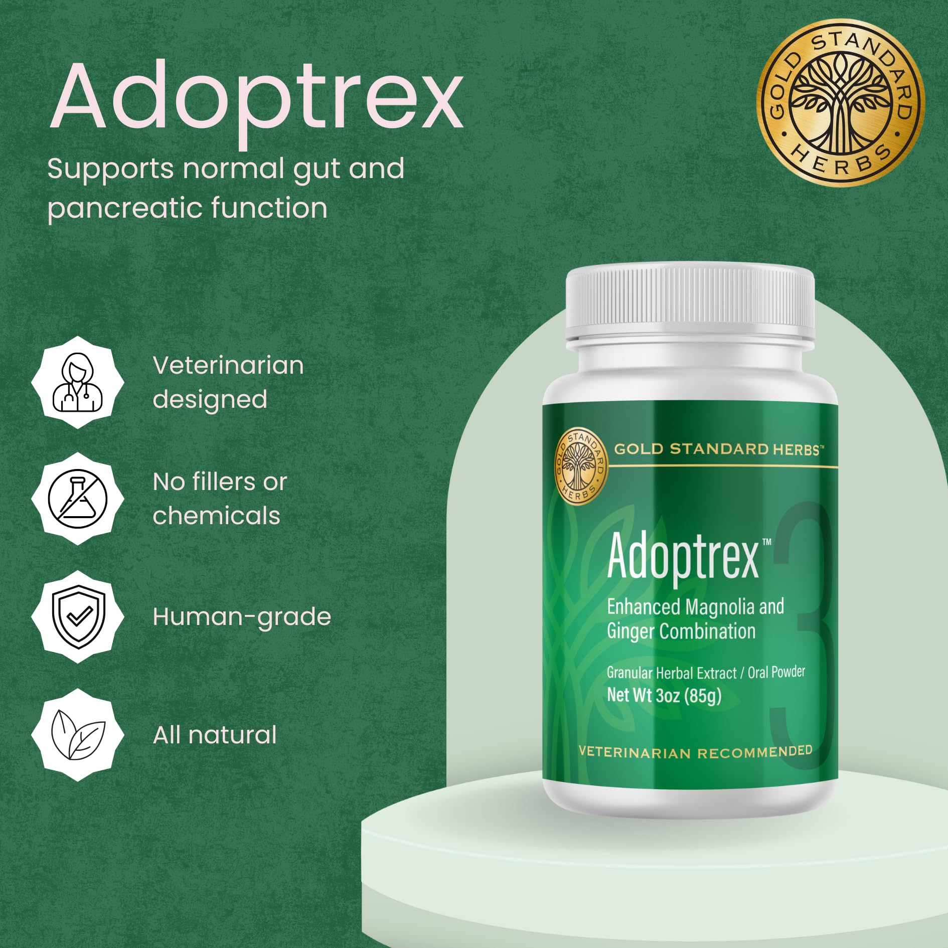 Gold Standard Herbs Adoptrex poudre gros plan soulignant la texture fine et homogène