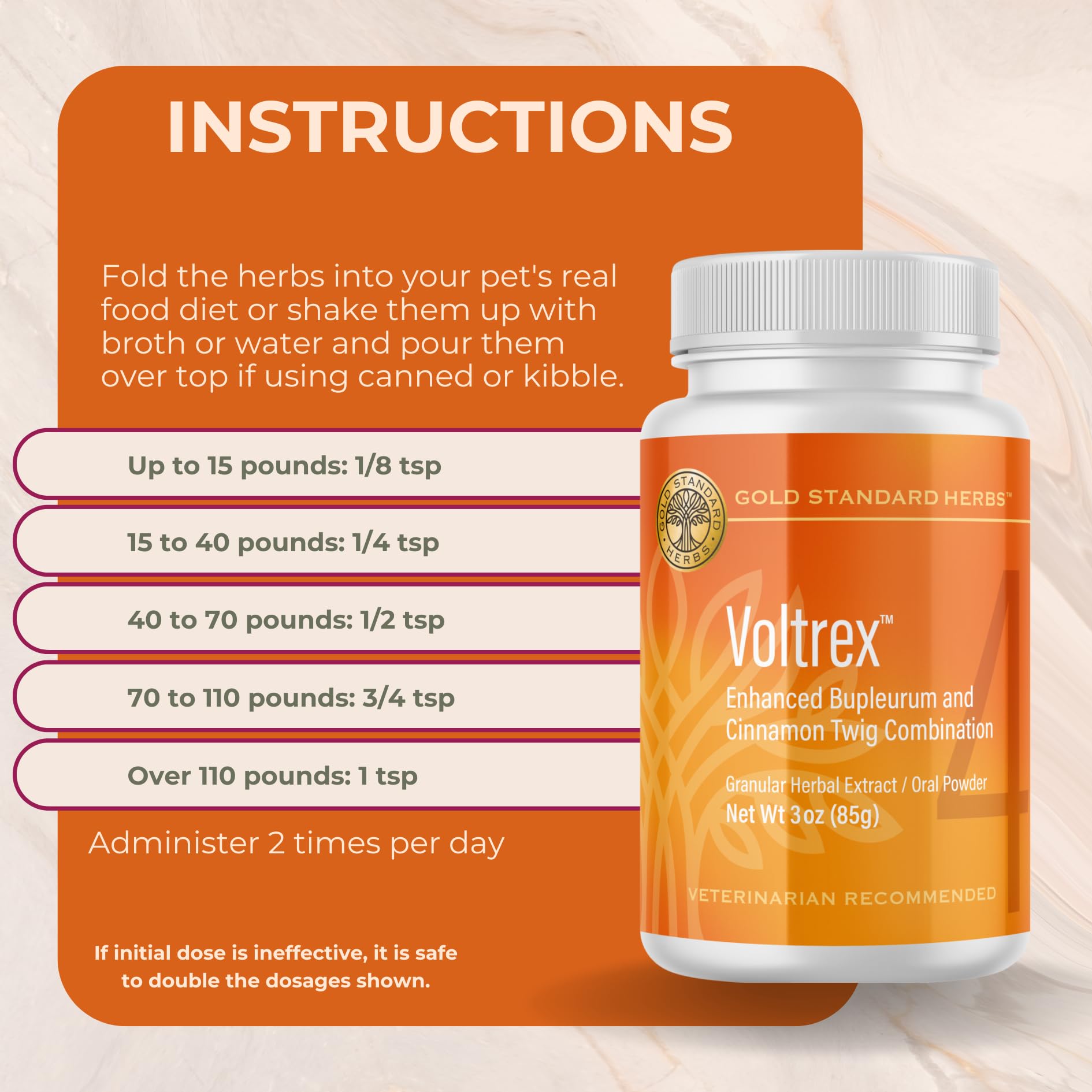 Gold Standard Herbs Voltrex mélangé à la nourriture montrant administration simple et appétence