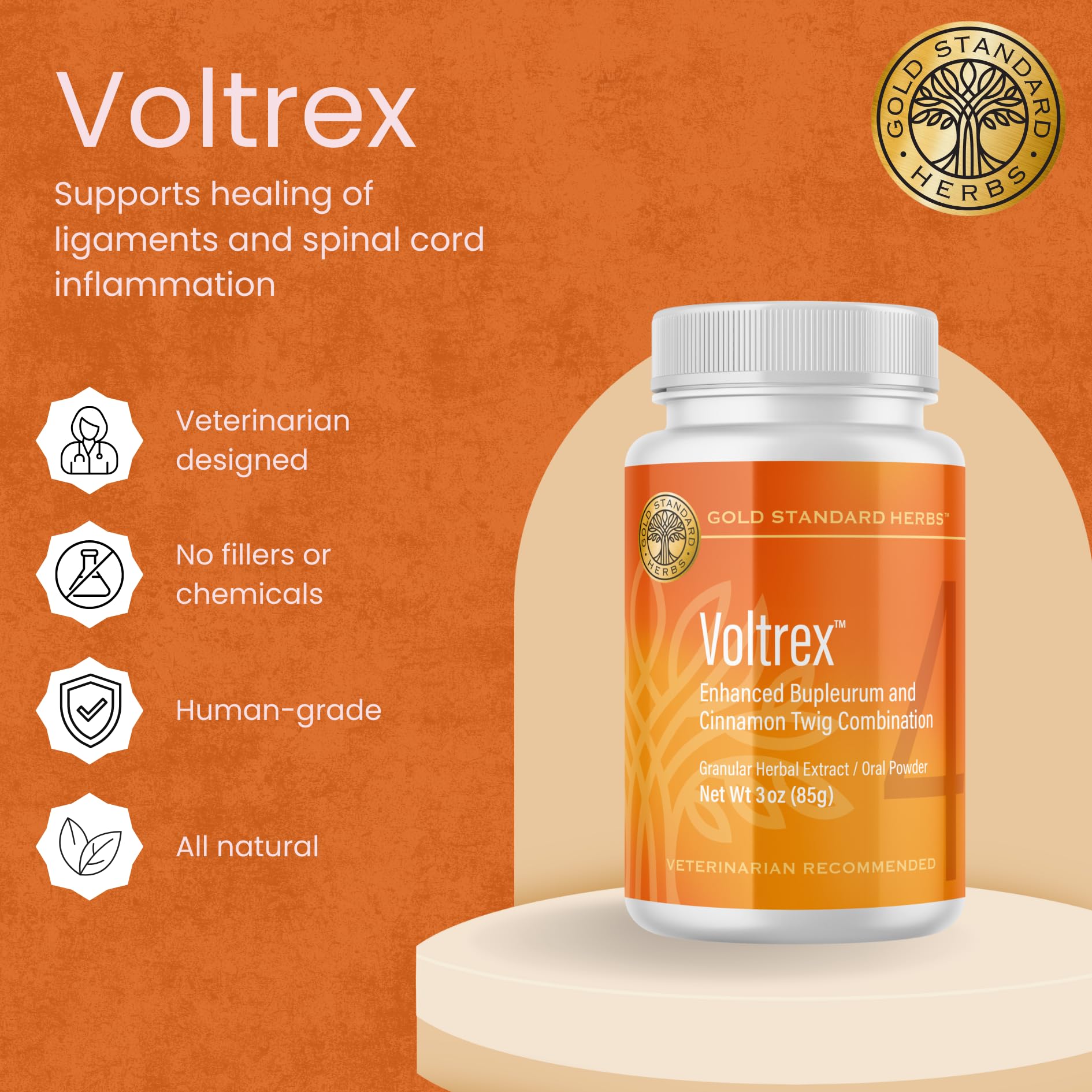 Gold Standard Herbs Voltrex gros plan de la poudre illustrant texture et pureté