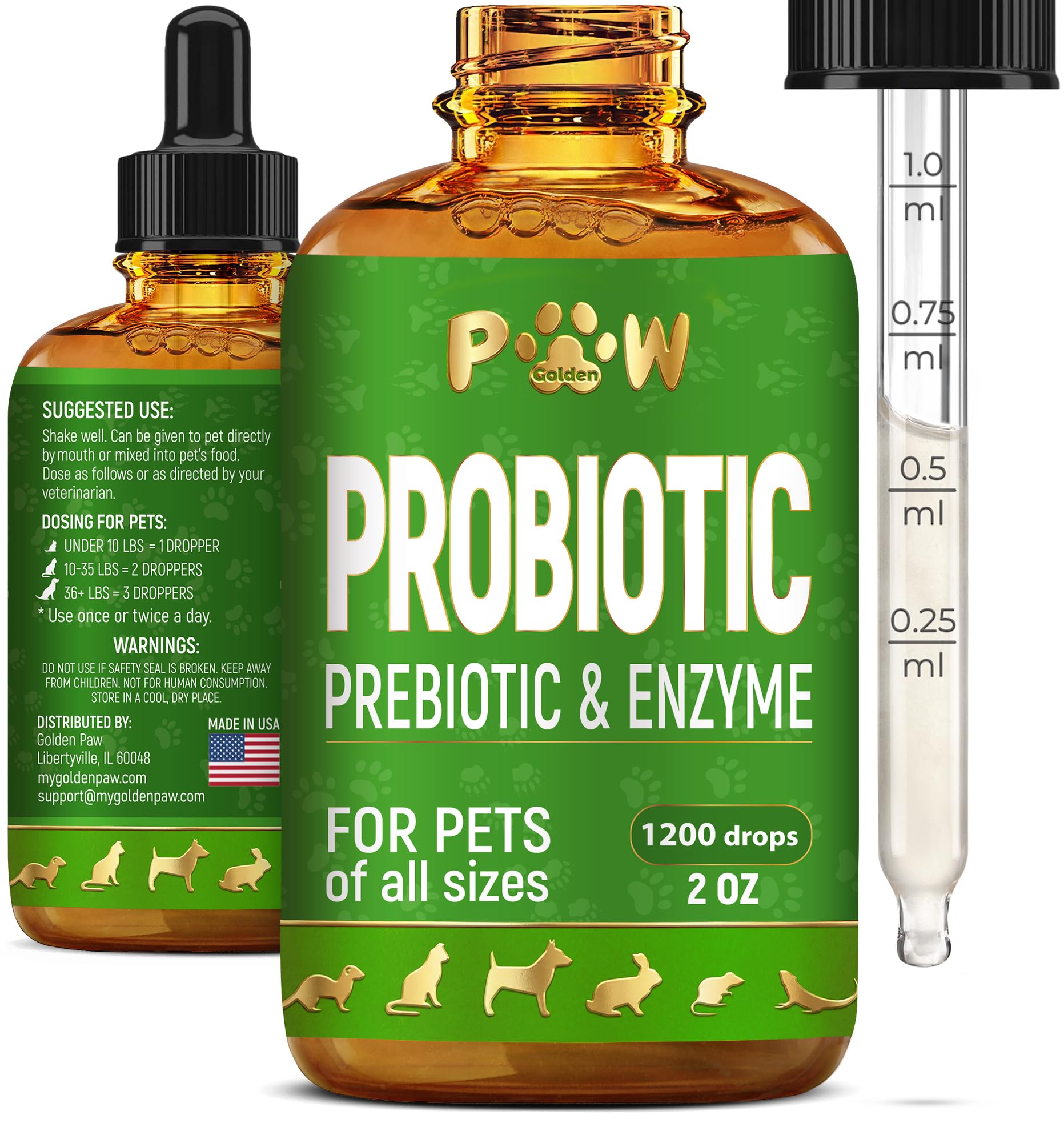 Golden Paw emballage avant montrant flacon et étiquette claire pour usage facile