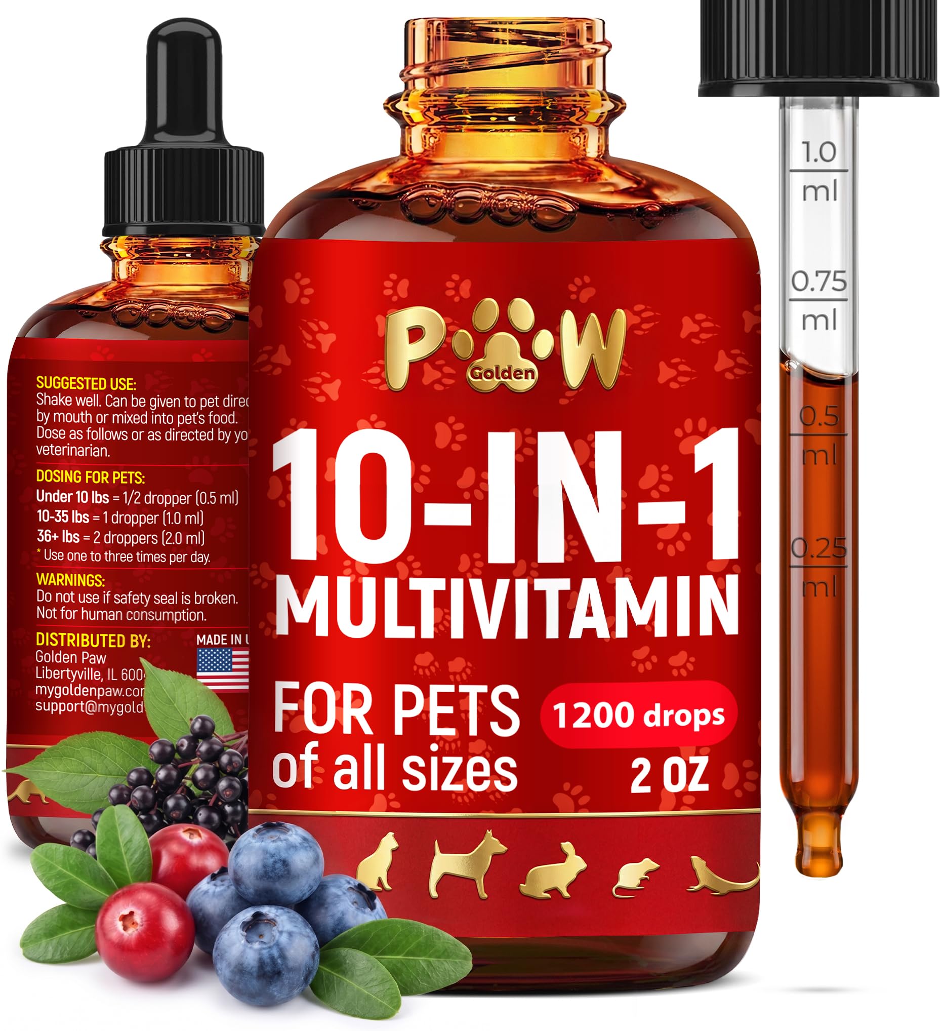 Golden Paw flacon avant montrant l'étiquette et format pratique