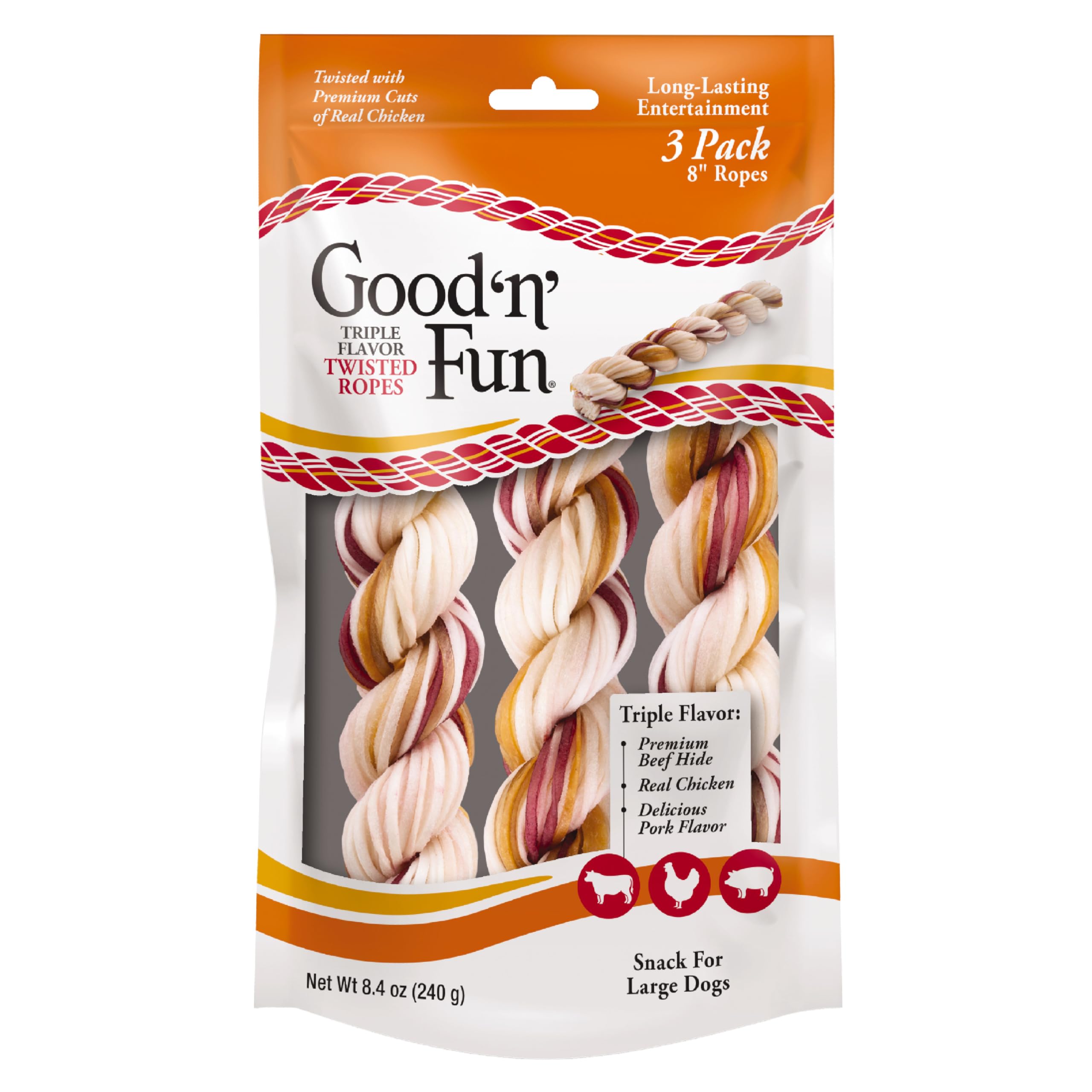 GOOD 'N' FUN emballage avant montrant les trois cordes, attrayant et informatif