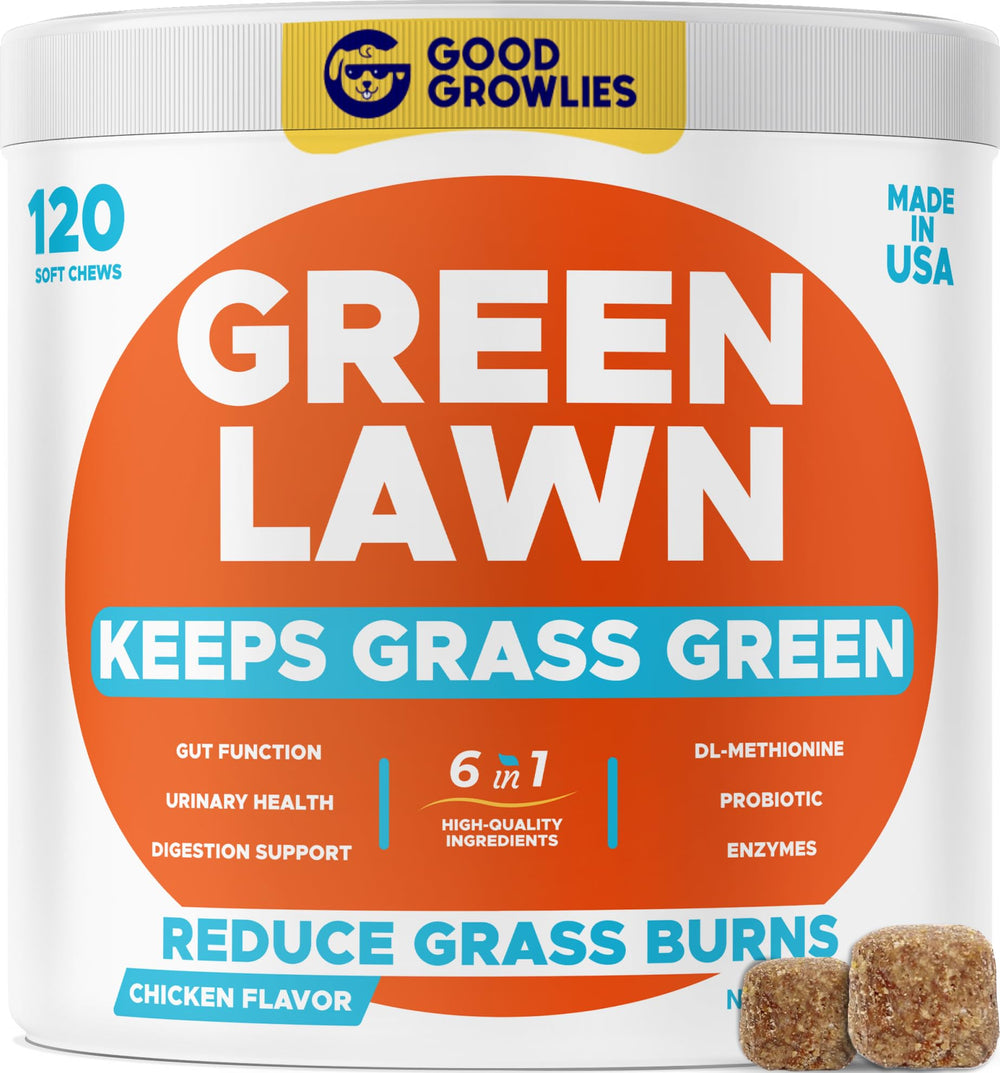 GOODGROWLIES emballage avant présentant le format 120 ct et bénéfice pelouse protégée