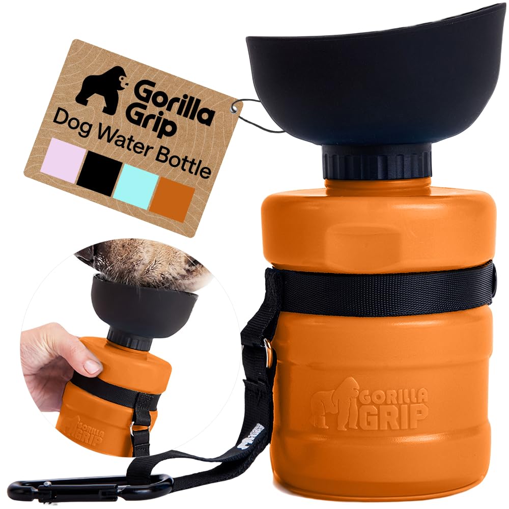 GORILLA GRIP face avant de la gourde orange montrant le bol pliant, pratique pour hydrater