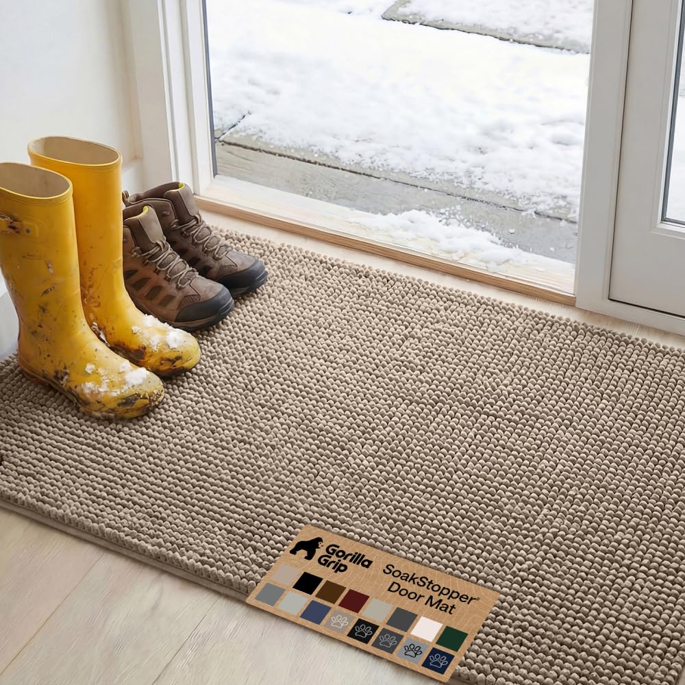 Gorilla Grip vue face avant du tapis beige absorbant pour entrée